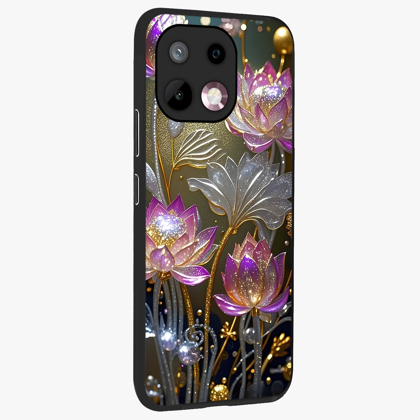 Golden Floral Majesty Glass Case upright view showcasing majestic floral artwork with rich decorative theme.