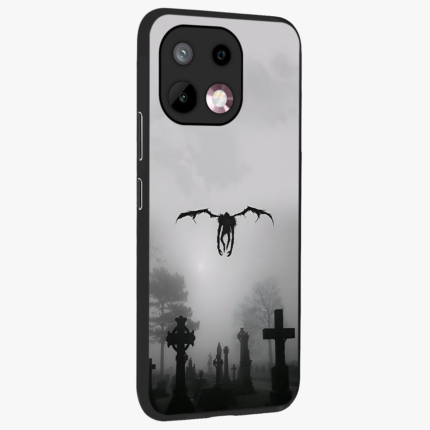 Graveyard Shadow Descent Glass Case upright view showcasing haunting graveyard artwork with dramatic dark theme.