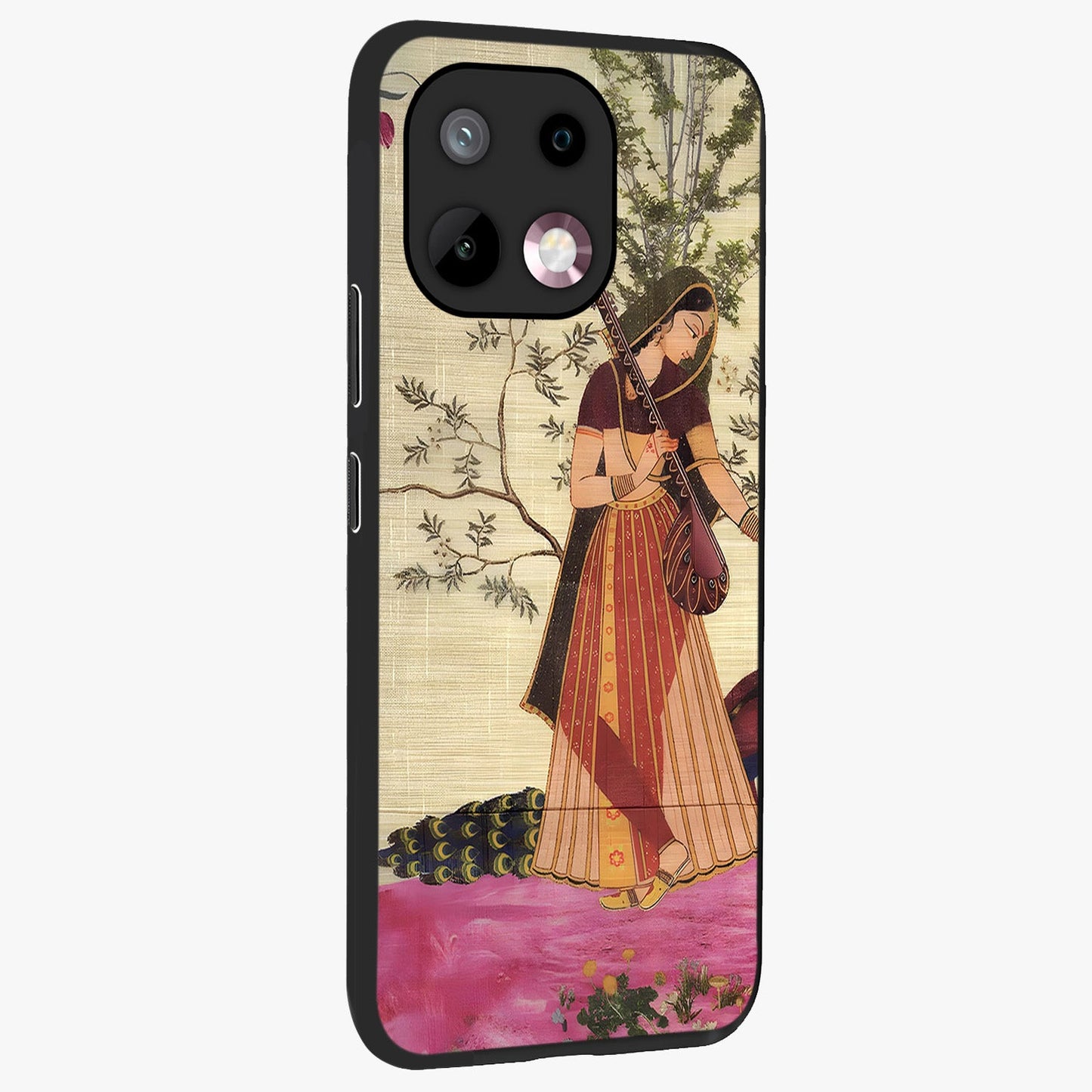 Lady With Veena Art Glass Case upright view showcasing classical veena artwork with traditional artistic theme.