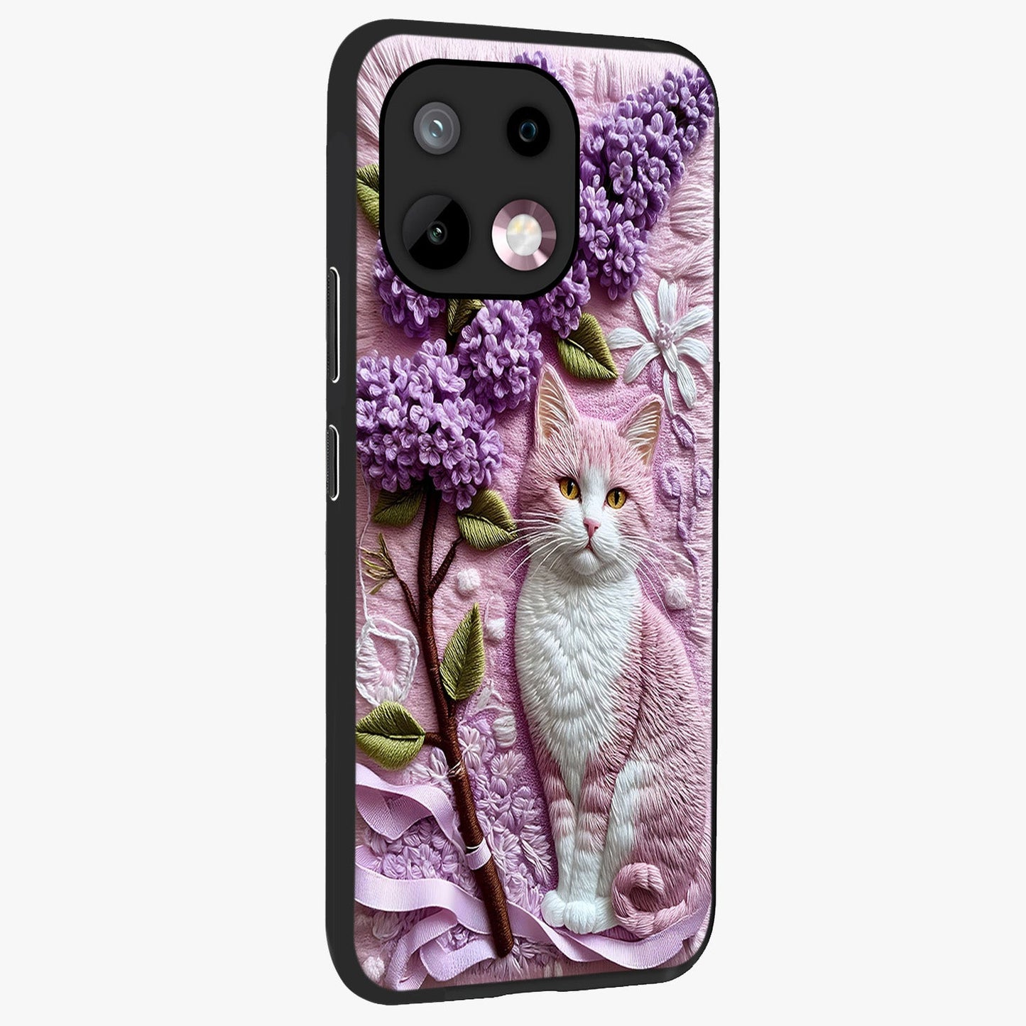 Lavender Cat Whimsy Glass Case upright view showcasing charming cat artwork with whimsical lavender theme.