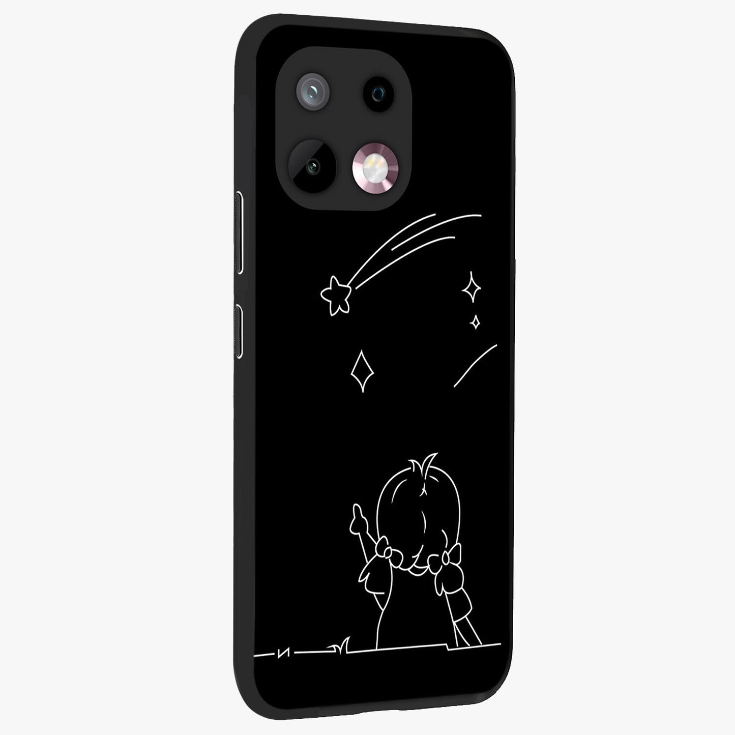 Line Art Girl With Shooting Stars Glass Case upright view showcasing delicate shooting stars artwork with minimal artistic theme.