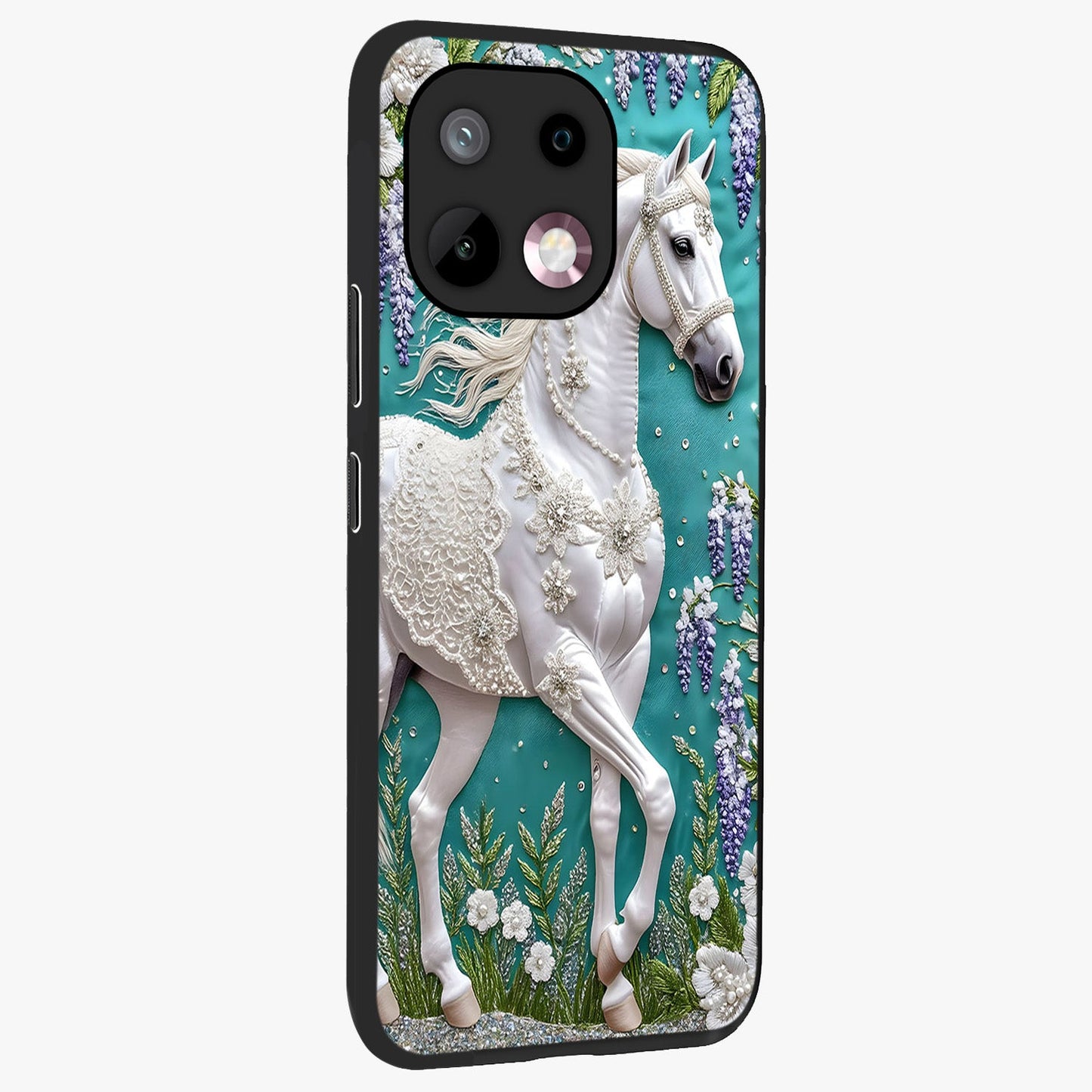 Majestic Floral Stallion Glass Case upright view showcasing dramatic horse artwork with decorative floral theme.