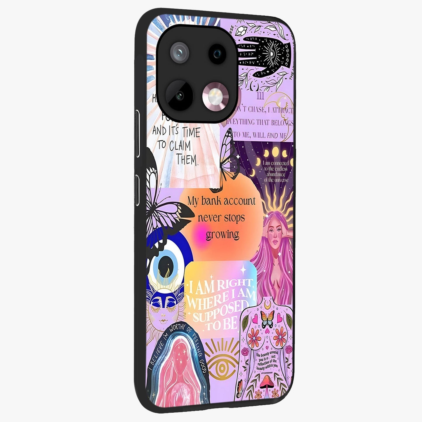 Manifestation Collage Glass Case upright view showcasing artistic manifestation themed artwork with creative style.