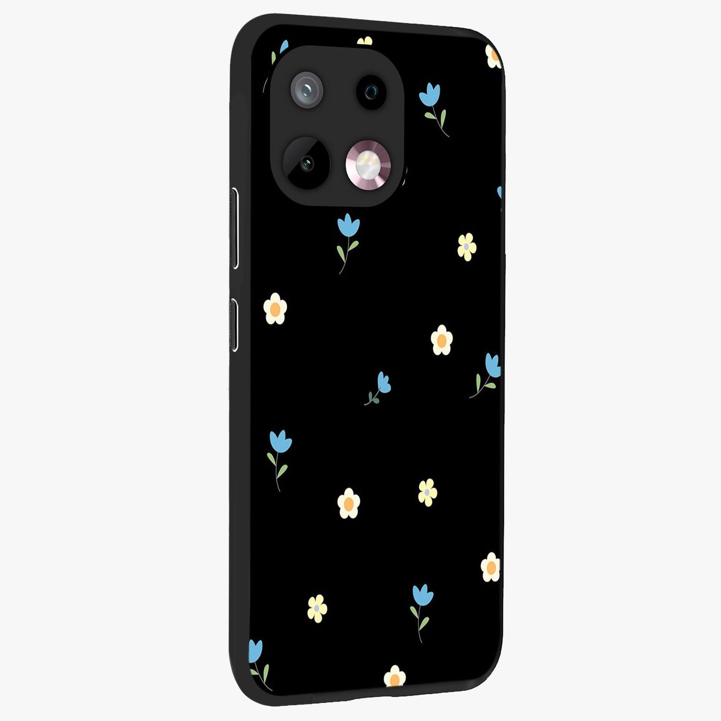 Minimal Petal Whispers Glass Case upright view showcasing elegant floral artwork with modern minimalist style.