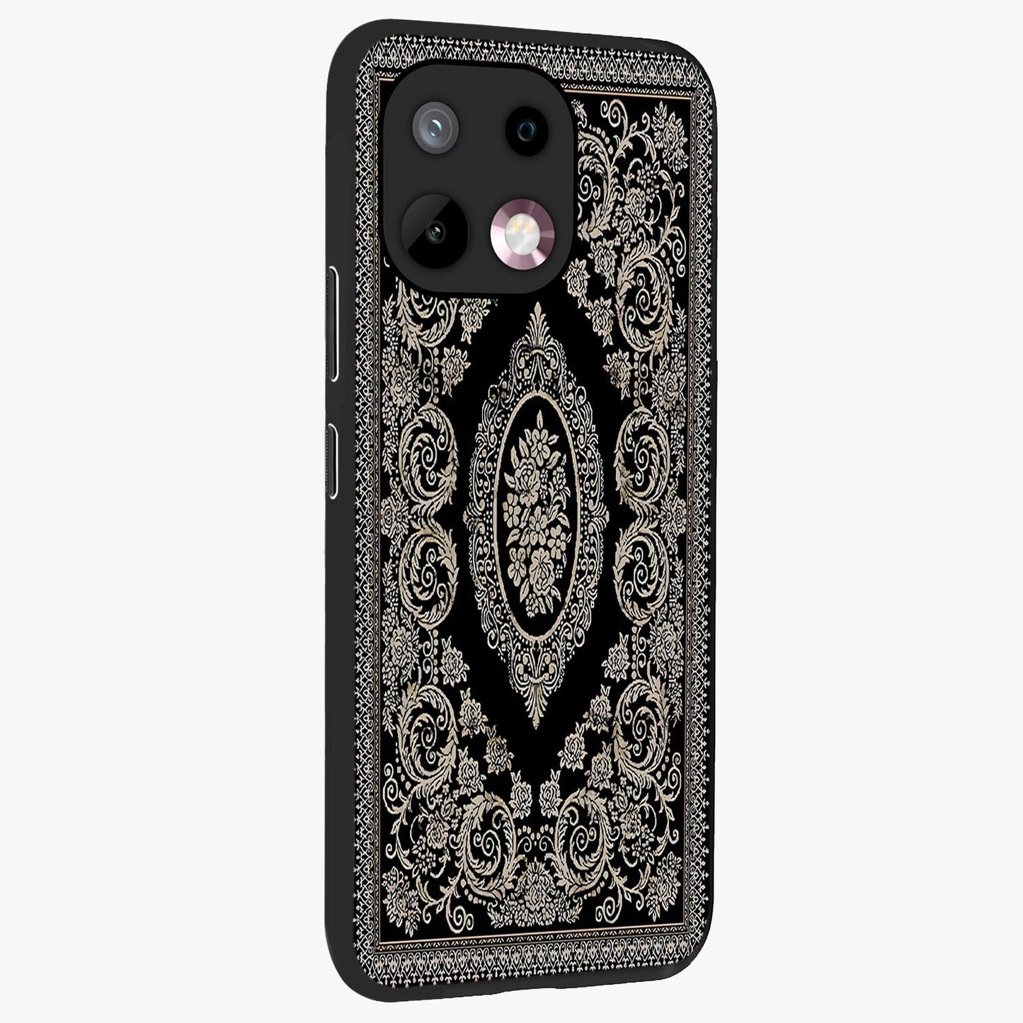 Noir Bloom Elegance Glass Case upright view showcasing graceful floral artwork with luxurious dark theme.