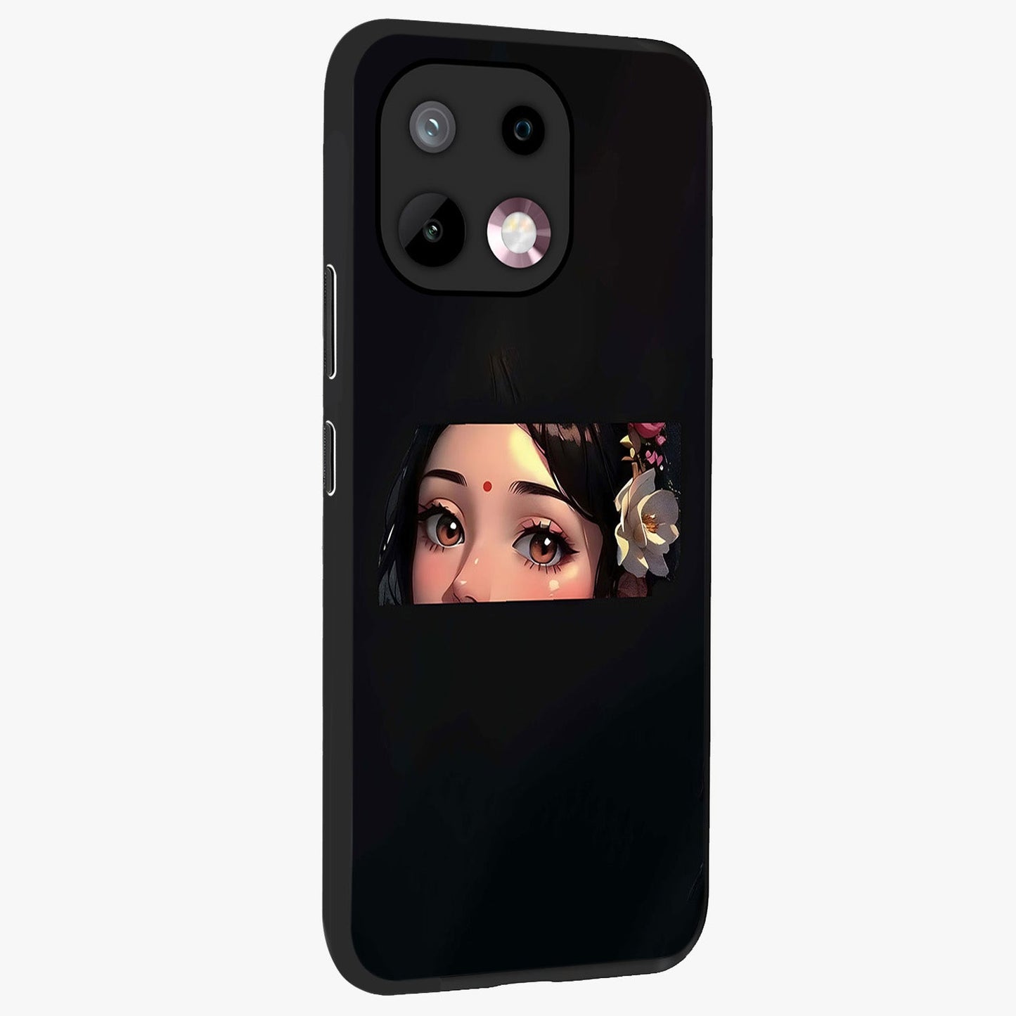 Radha Divine Embrace Glass Case upright view showcasing sacred Radha themed artwork with peaceful devotional style.