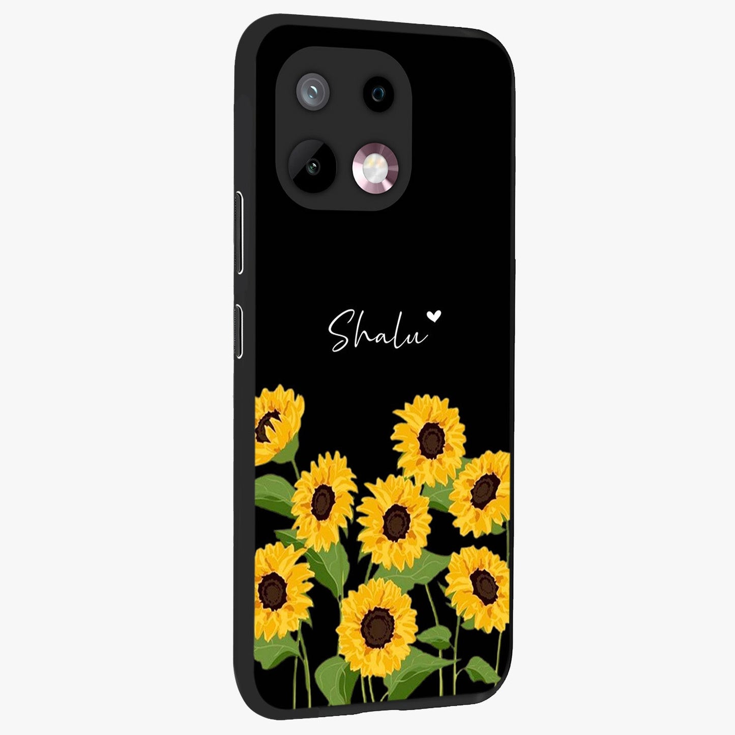 Sunflower Chic Mood Custom Name Glass Case upright view showcasing cheerful sunflower artwork with trendy floral theme.