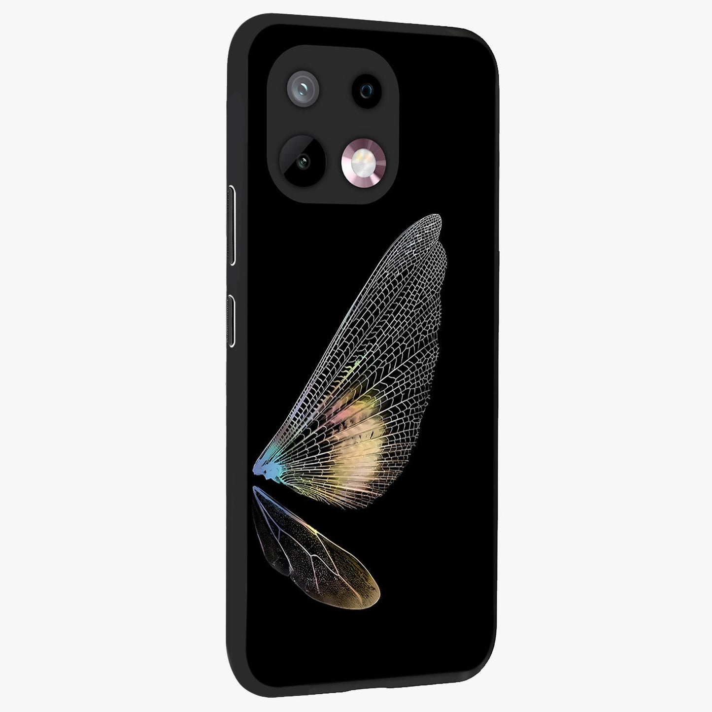 Whispers Of Wings Glass Case upright view showcasing elegant wing artwork with light airy theme.