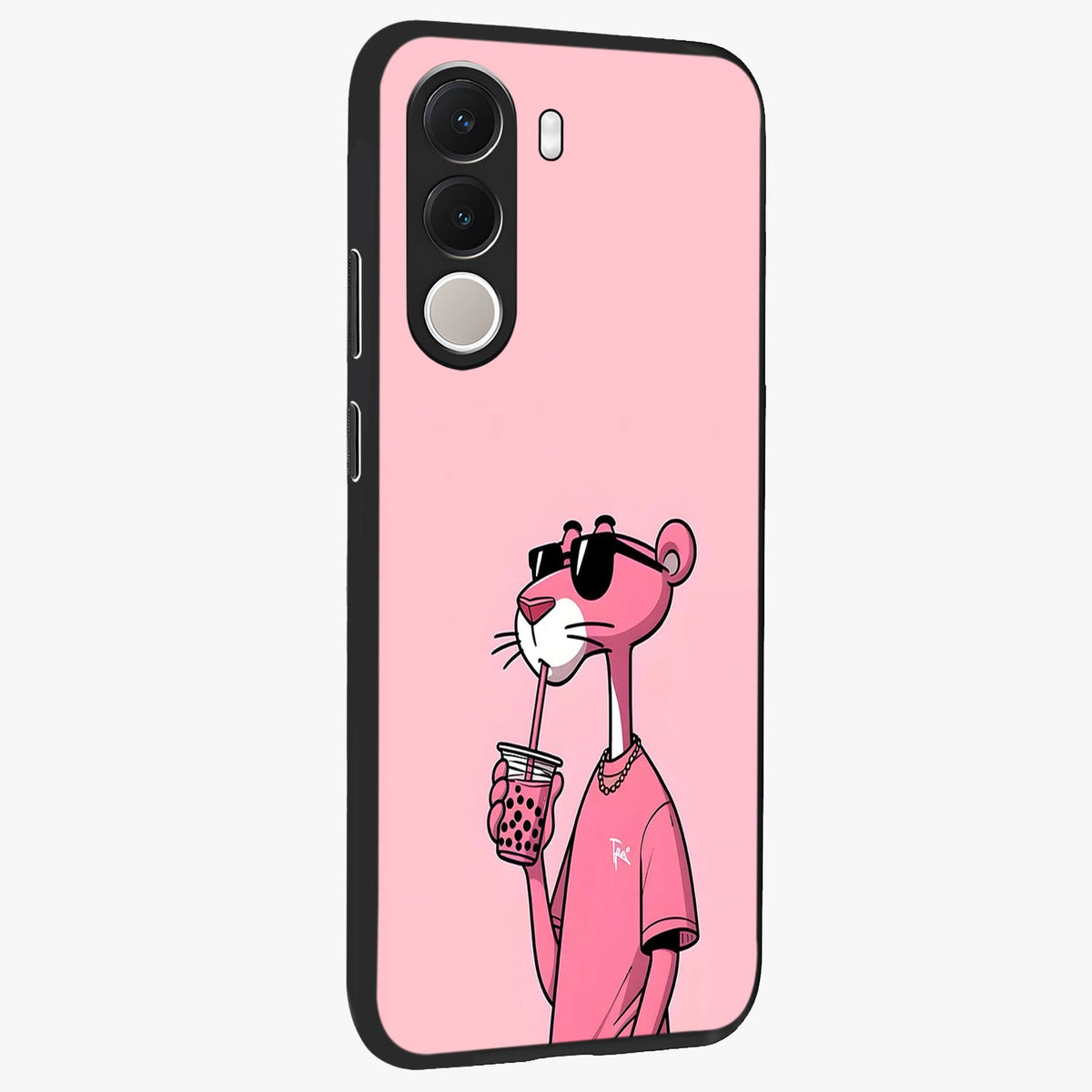 Pink Panther Glass Case upright view showcasing fun animated artwork with stylish retro cartoon theme.