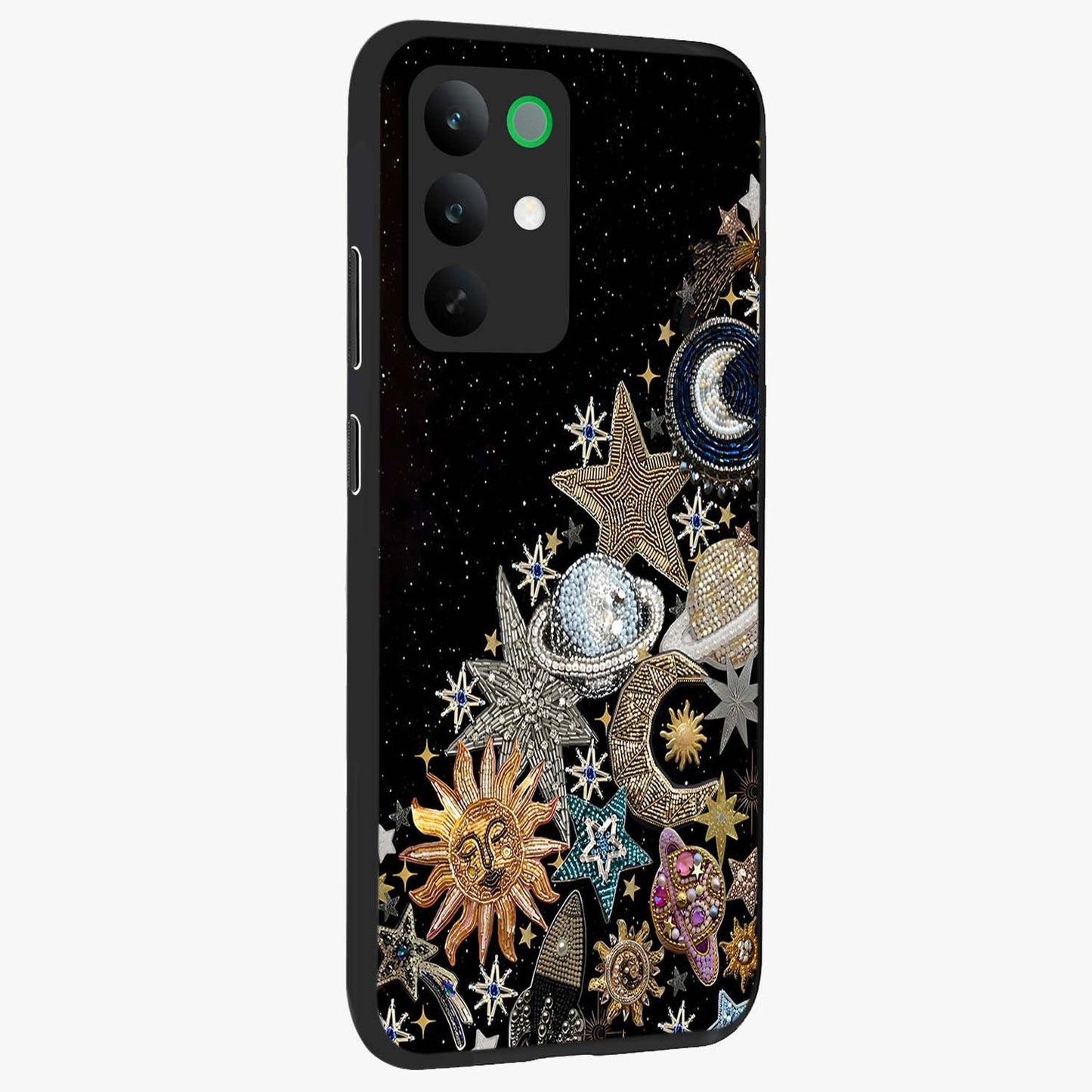 Cosmic Sparkle Dreams Glass Case upright view showcasing glowing cosmic artwork with magical galaxy theme.