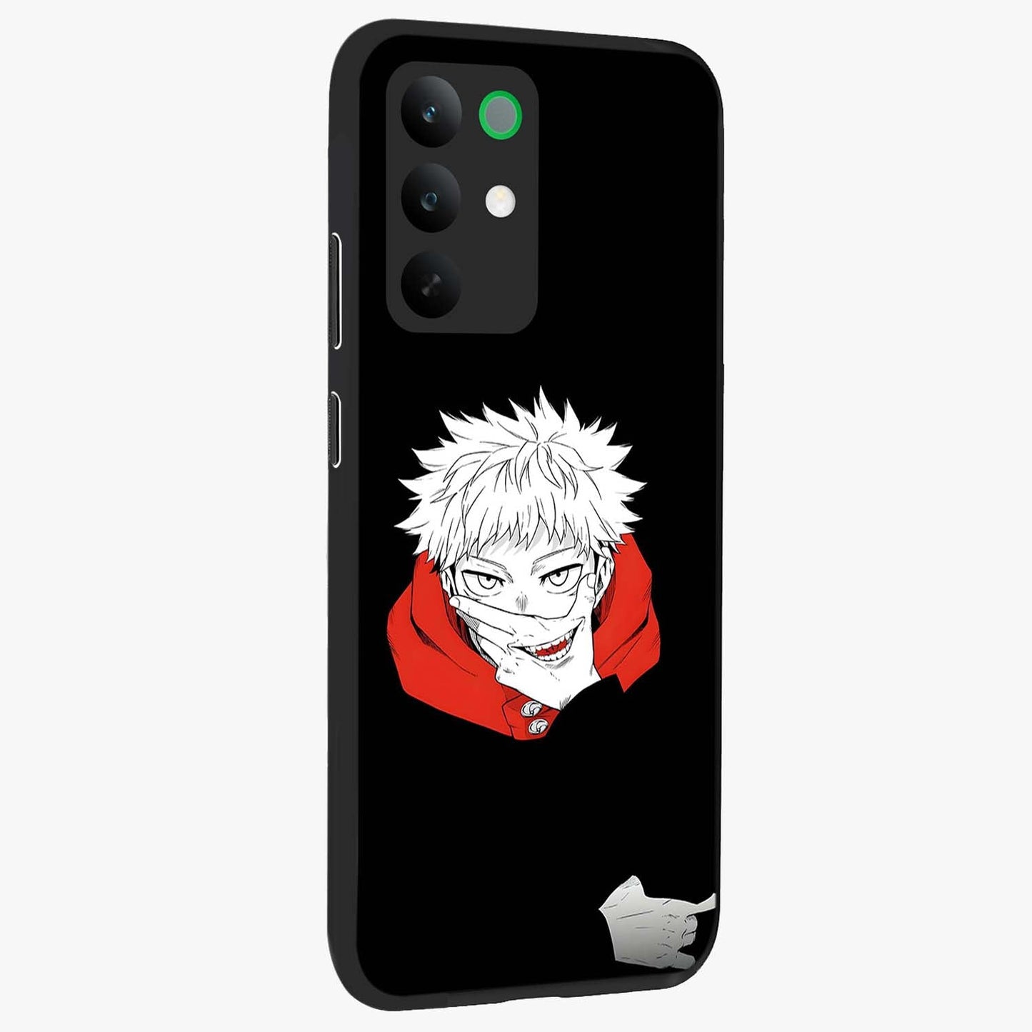 Crimson Chaos Smile Glass Case upright view showcasing expressive chaotic artwork with striking visual theme.