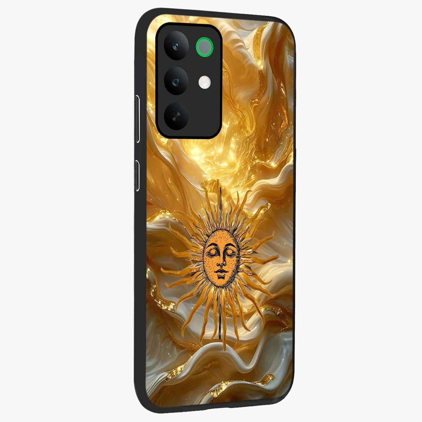 Eternal Golden Glow Glass Case upright view showcasing luminous golden artwork with luxurious visual theme.