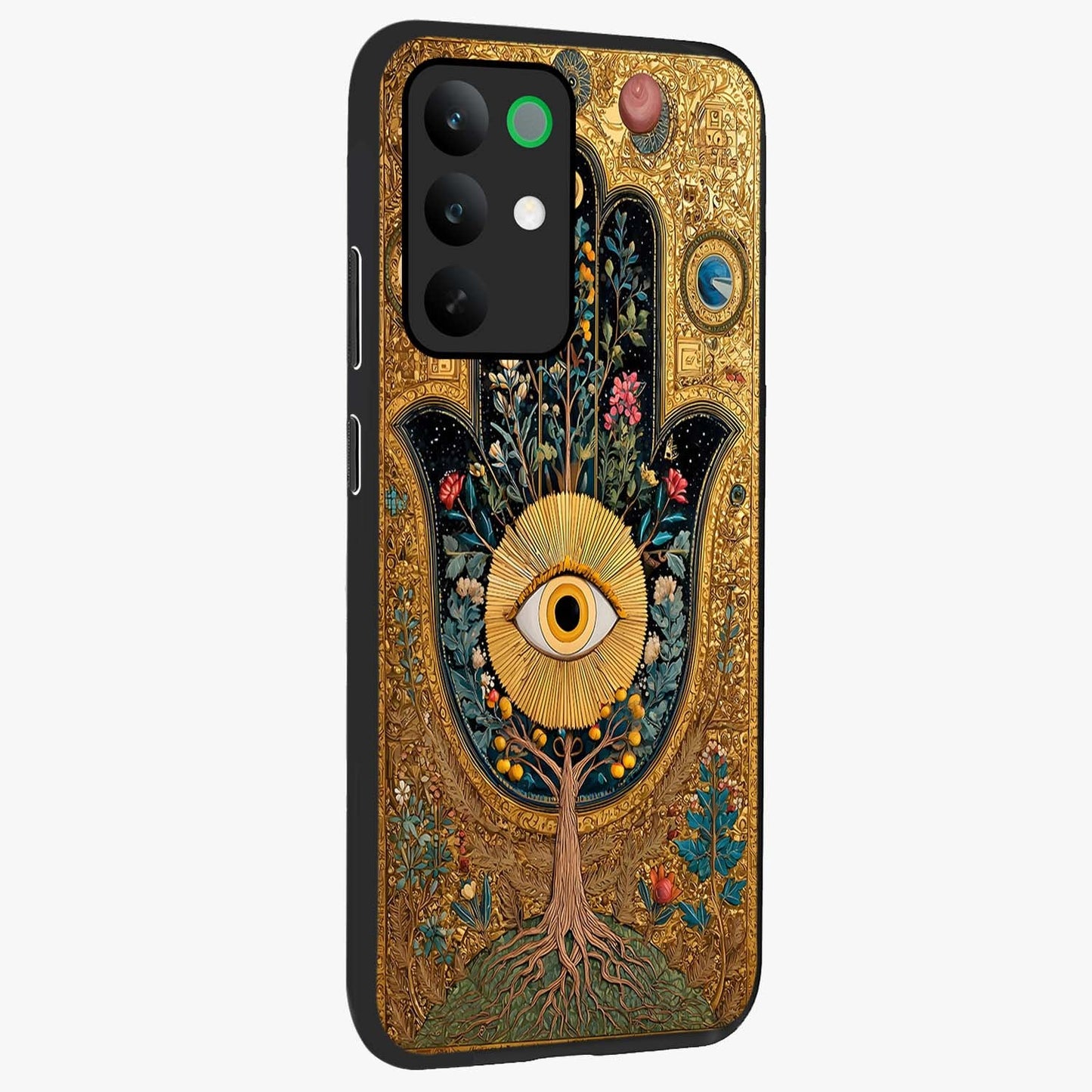 Ethereal Evil Eye Glass Case upright view showcasing celestial evil eye artwork with mystical theme.