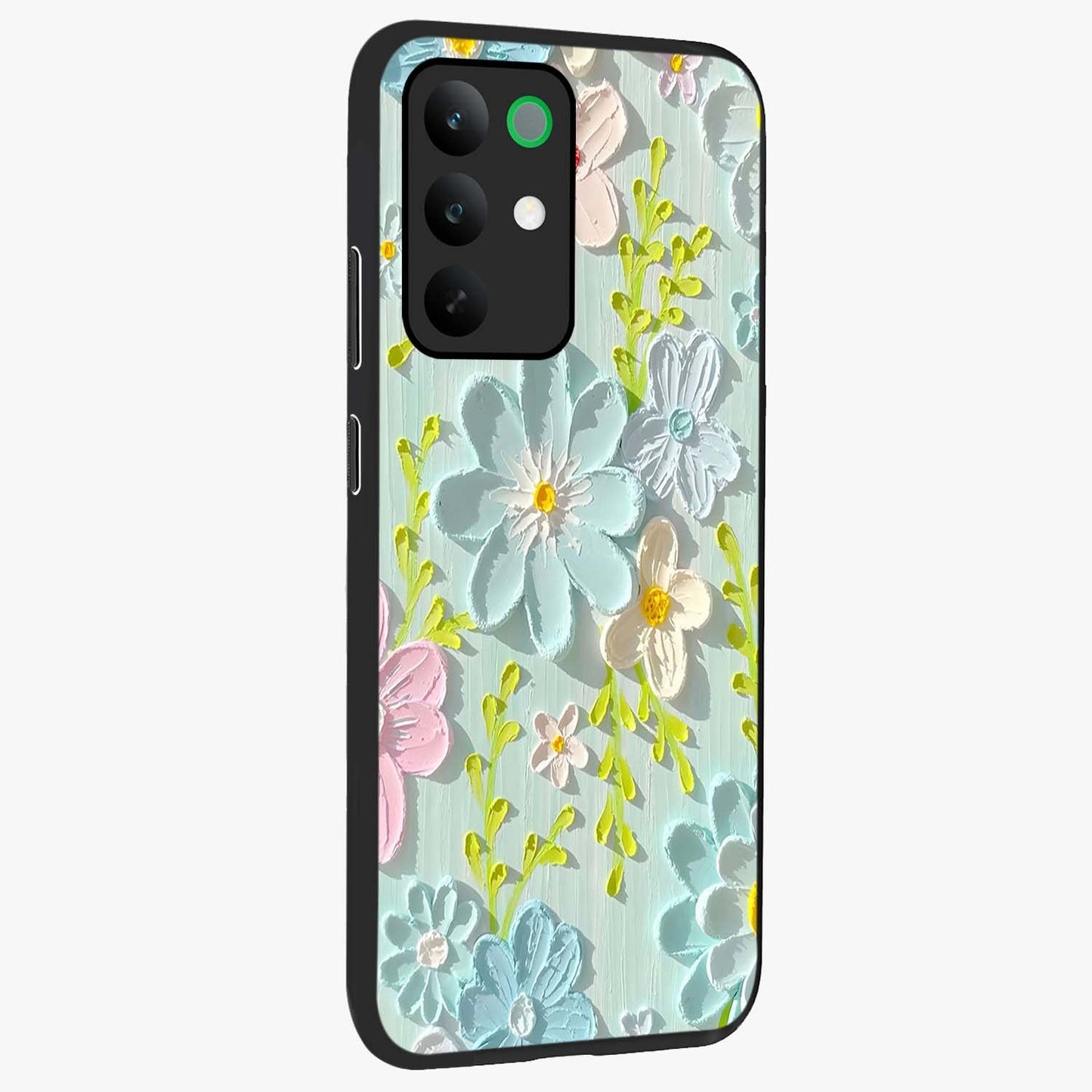 Frosted Petal Garden Glass Case upright view showcasing elegant floral garden artwork with soothing pastel theme.