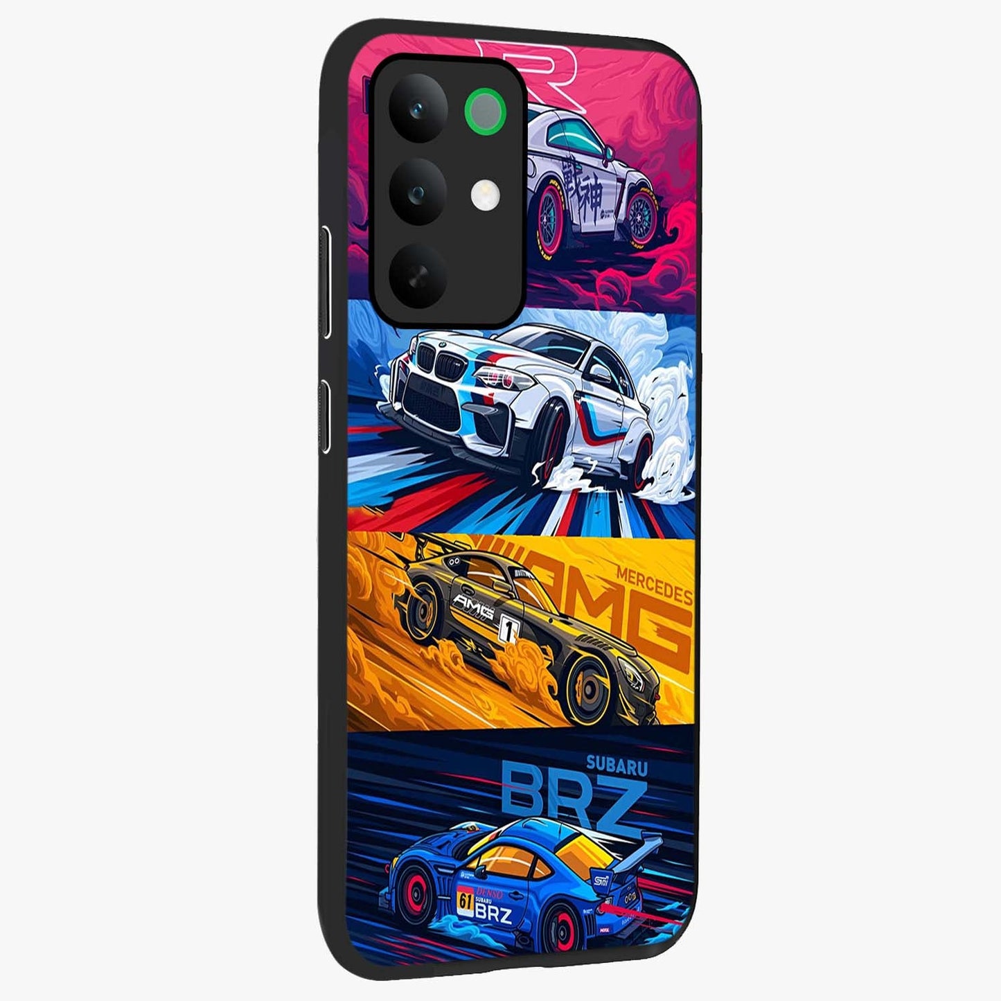 JDM Sports Car Glass Case upright view showcasing dynamic sports car artwork with bold racing theme.