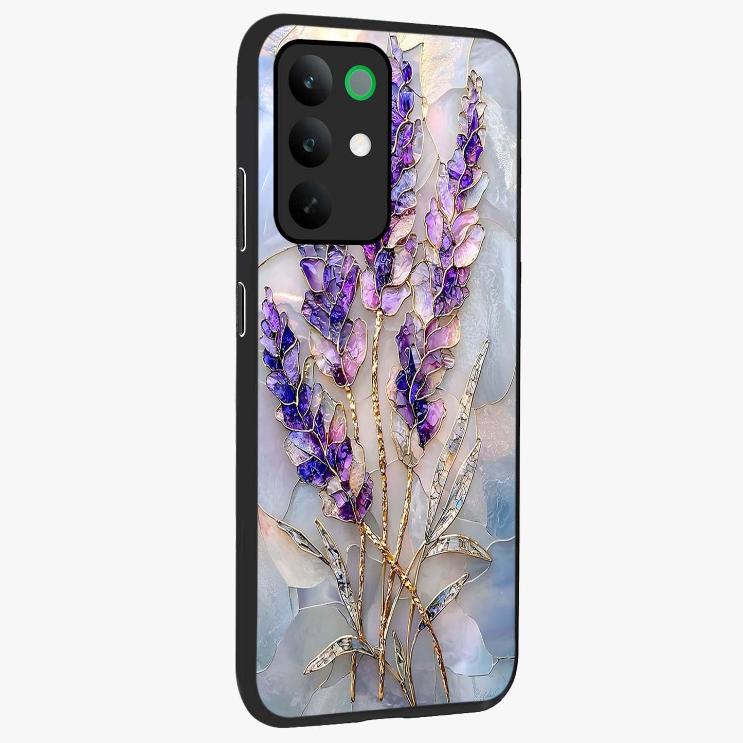 Lavender Dream Glow Glass Case upright view showcasing radiant lavender glow artwork with calming dreamy theme.
