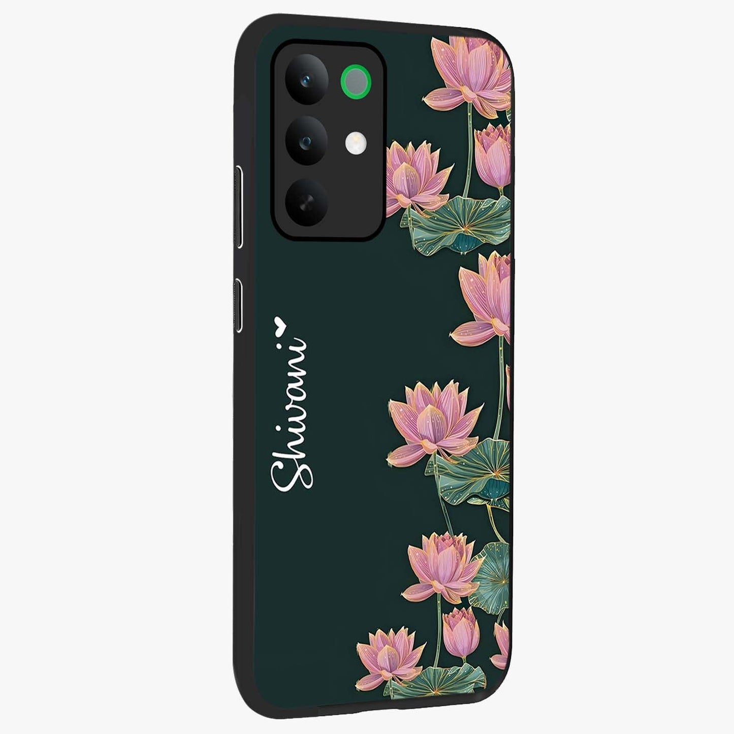 Lotus Bloom Serenity Custom Name Glass Case upright view showcasing serene lotus bloom artwork with personalized floral aesthetic.
