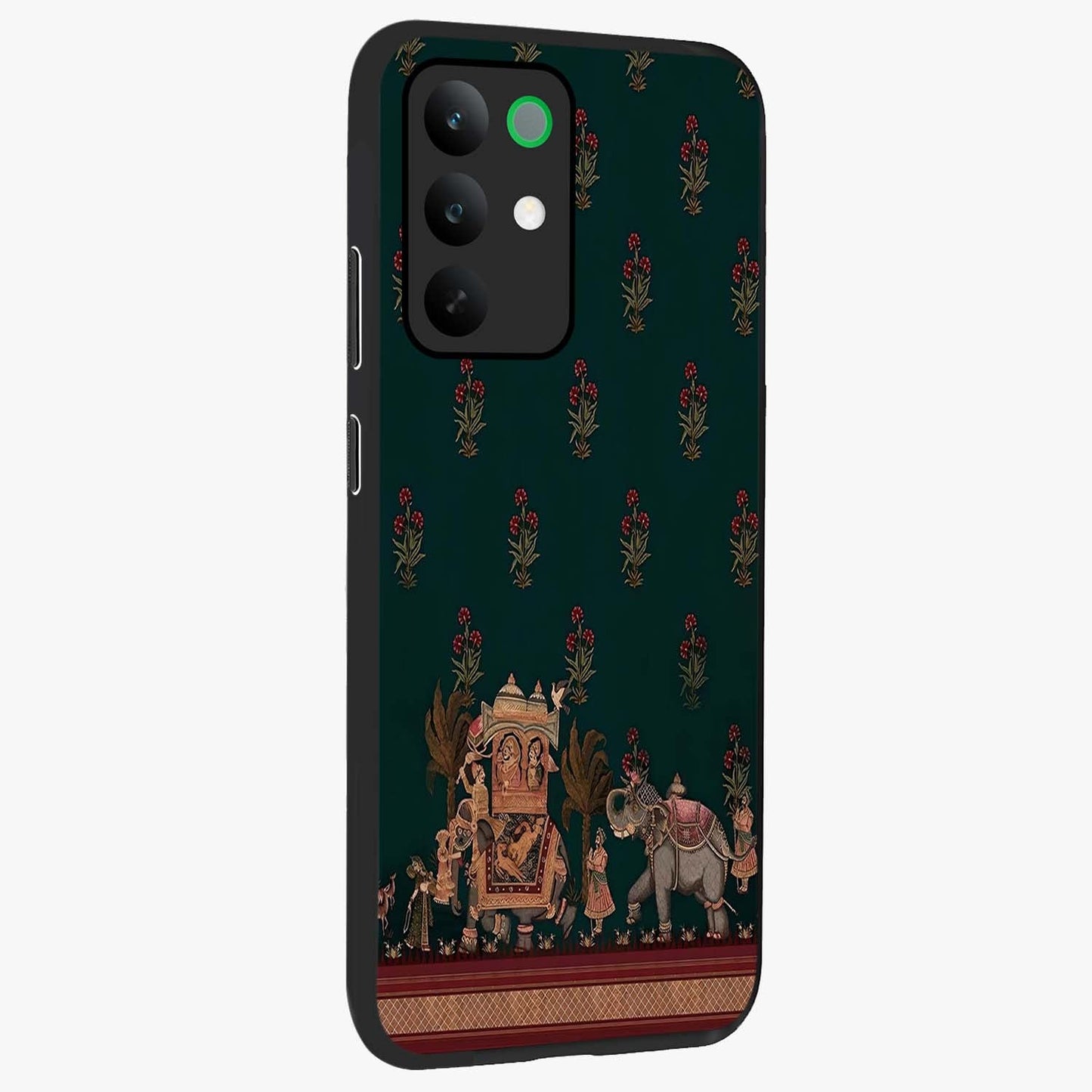 Macmerise Glass Case upright view showcasing bold artistic artwork with contemporary design theme.