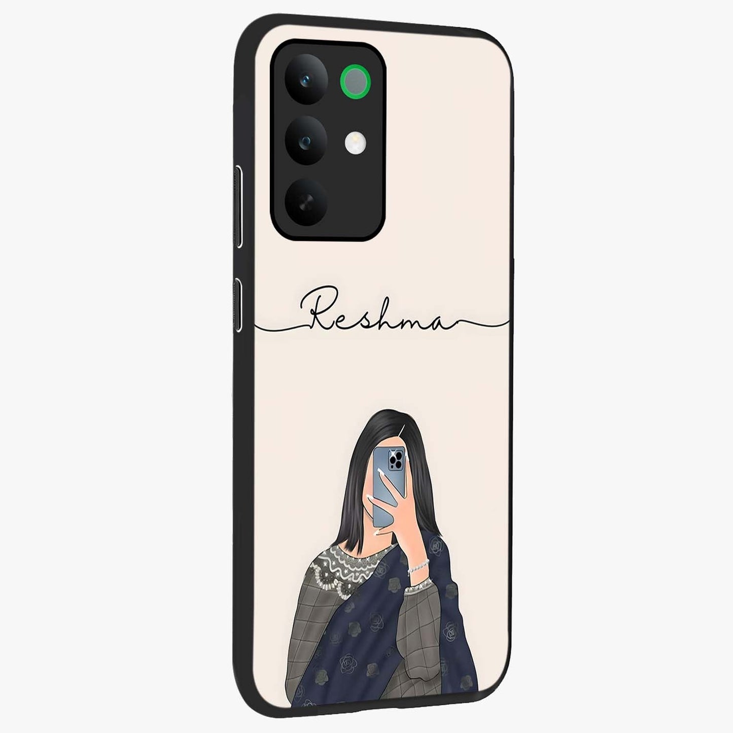 Mirror Mood Muse With Custom Name Glass Case upright view showcasing artistic mirror themed artwork with personalized aesthetic.