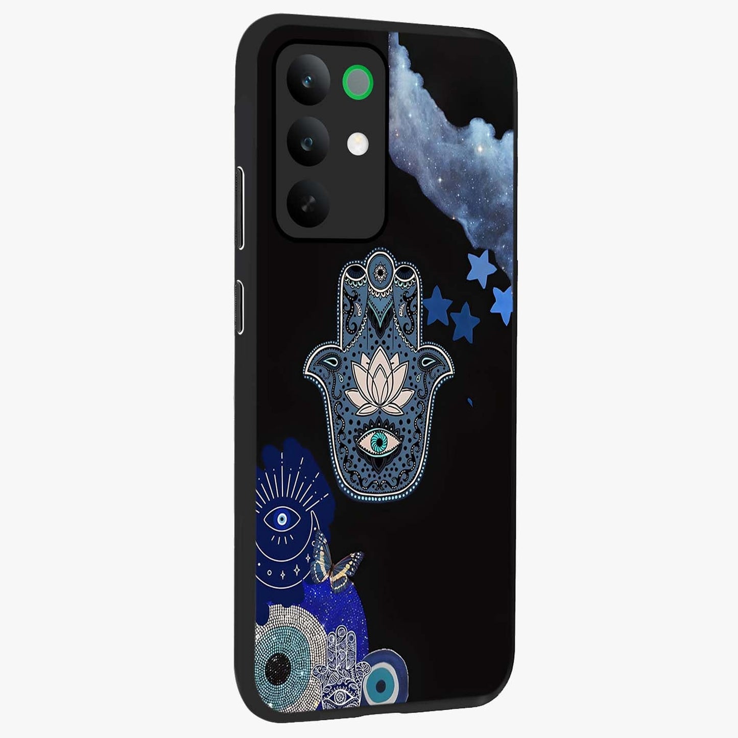 Mystic Hand Aura Glass Case upright view showcasing symbolic hand artwork with mystical energy theme.