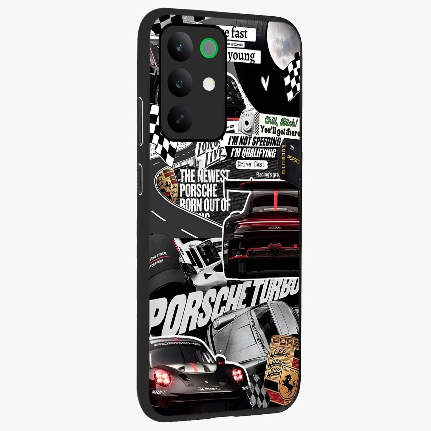 Porsche Racing Collage Glass Case upright view showcasing energetic car collage artwork with high speed racing theme.