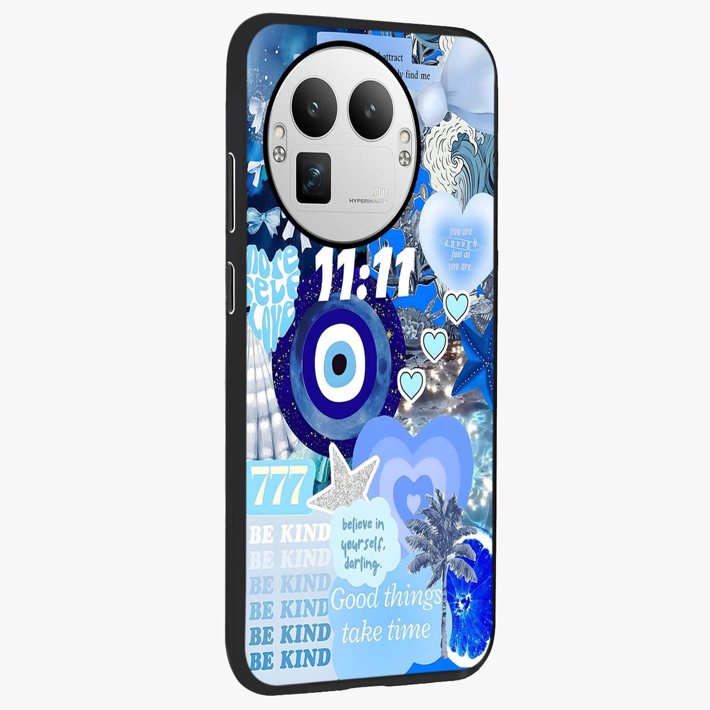 Aesthetic Be Kind Eye Glass Case upright view showcasing stylish eye illustration with positive message theme.