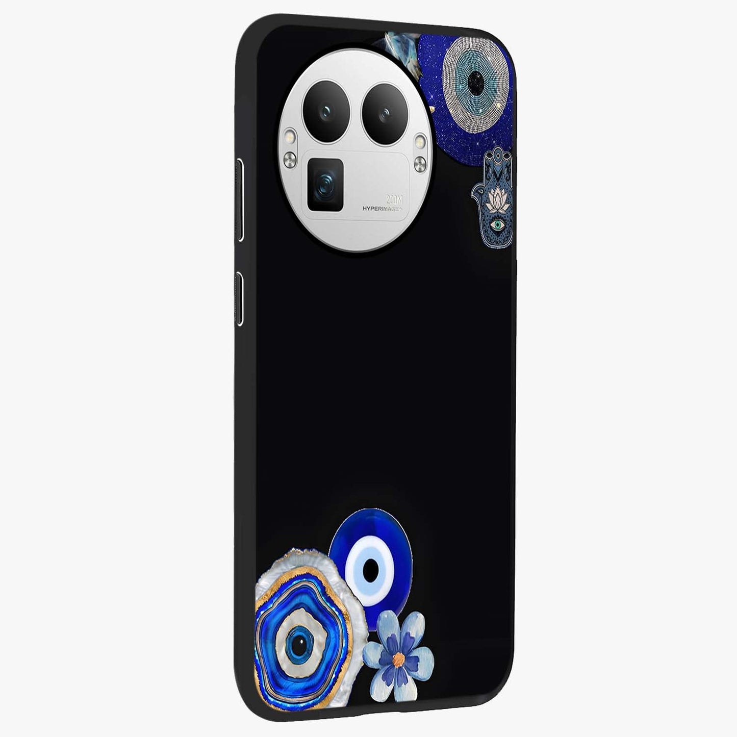 Aesthetic Blue Evil Eye Glass Case upright view showcasing mystical evil eye graphic with minimal aesthetic style.