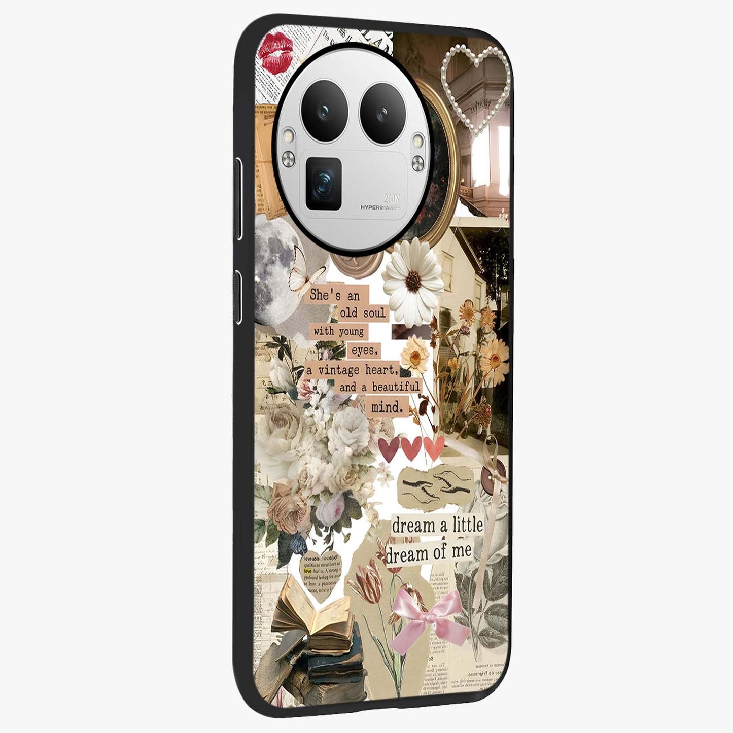 Aesthetic Brown Vintage Collage Glass Case upright view showcasing nostalgic retro artwork with stylish vintage theme.