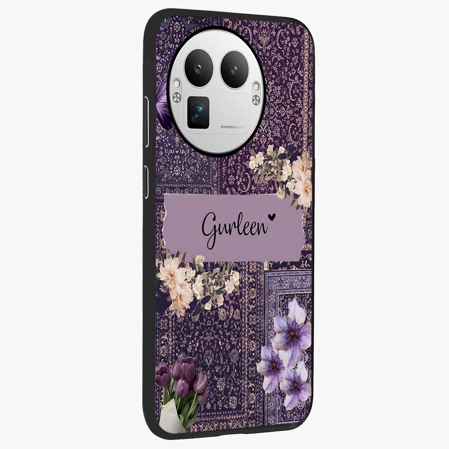 Antique Floral Whisper Custom Name Glass Case upright view showcasing delicate floral artwork with custom name feature.