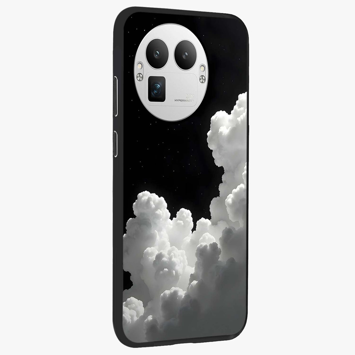 Black Background With White Cloud Glass Case upright view showcasing calm cloud aesthetic with modern minimal style.
