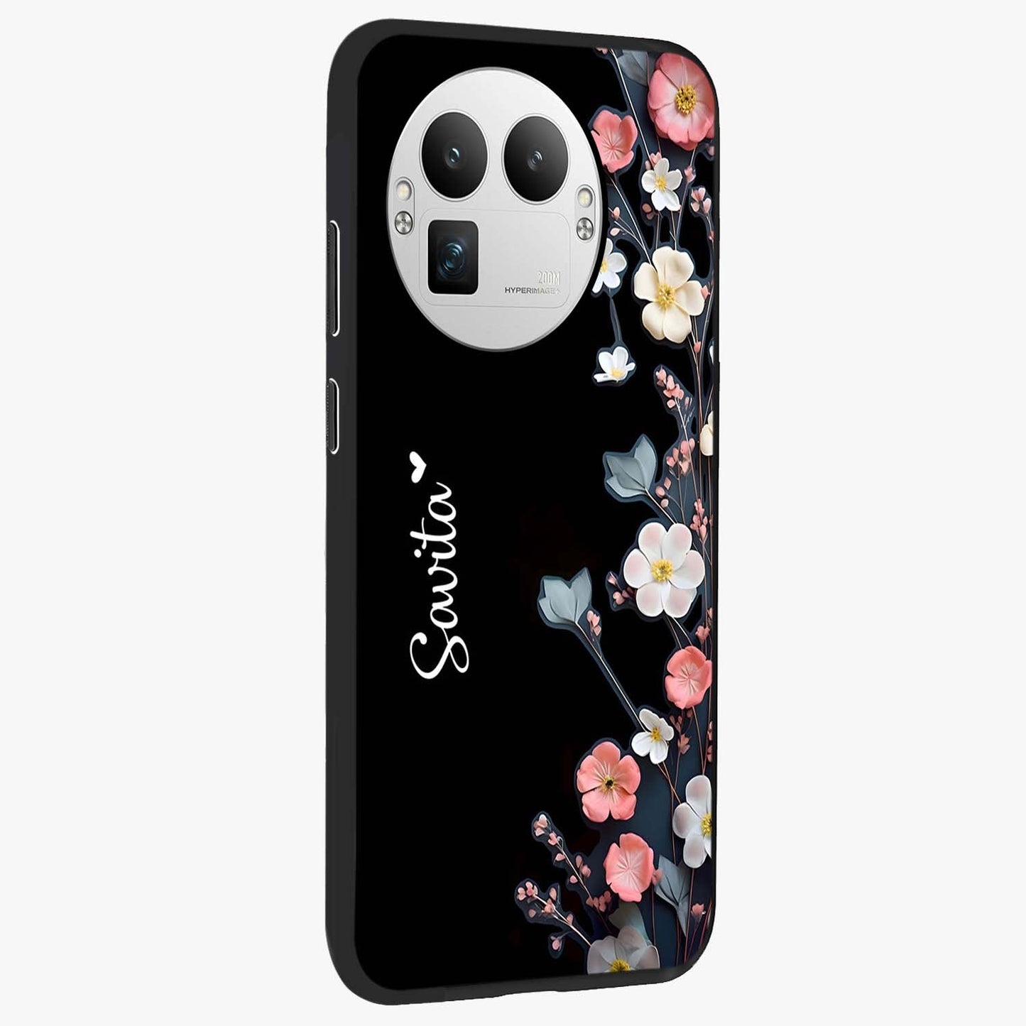 Black Elegance Floral Custom Name Glass Case upright view showcasing luxurious black floral design with personalized name detail.
