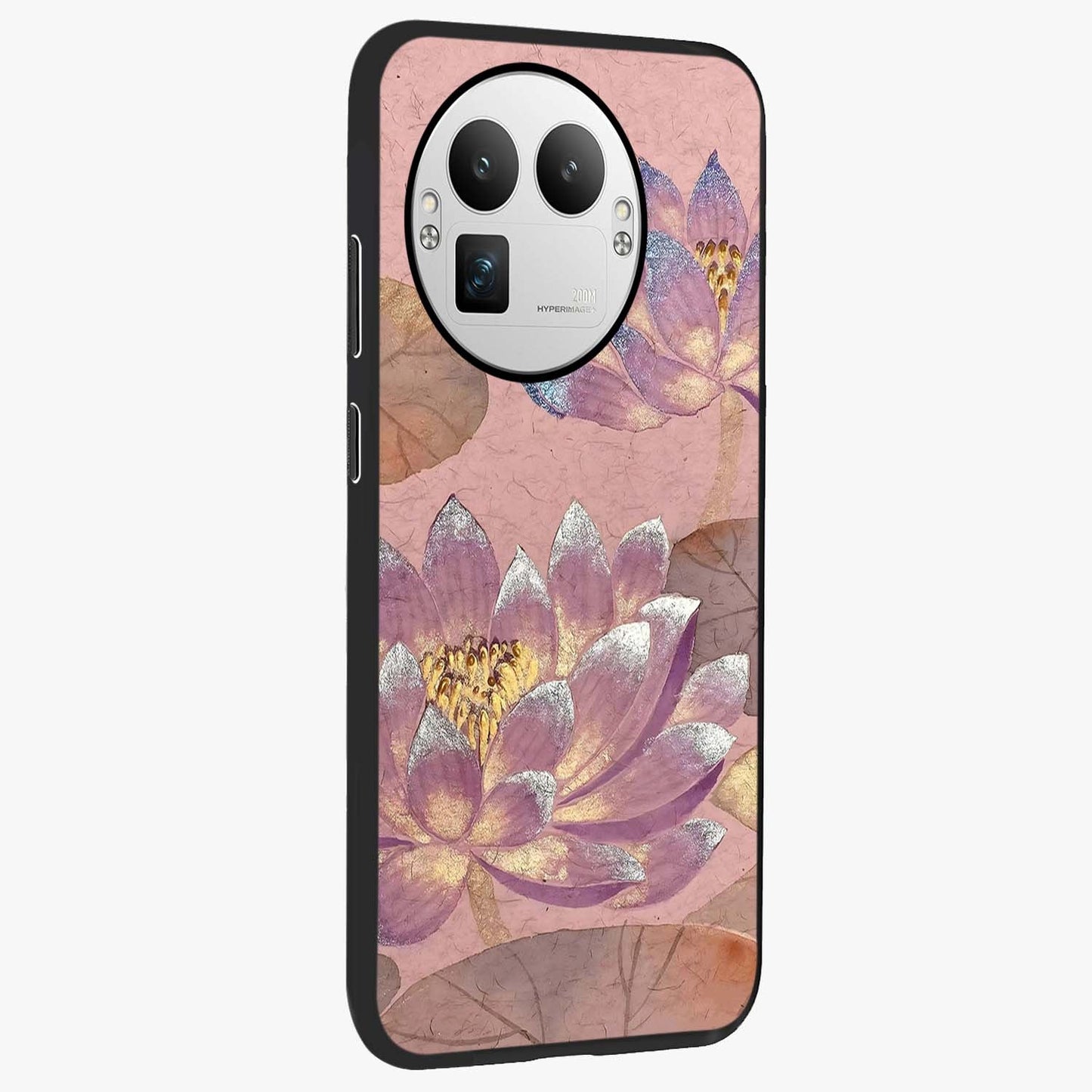 Blossom Mist Lotus Glass Case upright view showcasing graceful lotus flower design with peaceful botanical style.