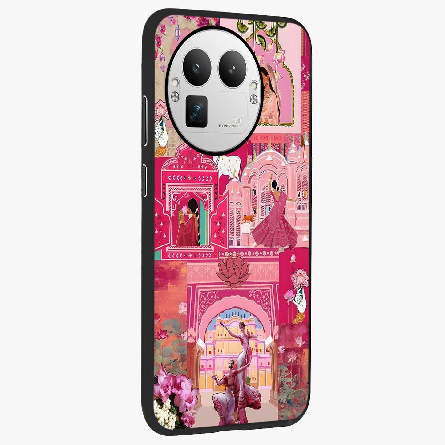Blossoms of Rajasthan Glass Case upright view showcasing colorful floral design inspired by traditional Indian art.