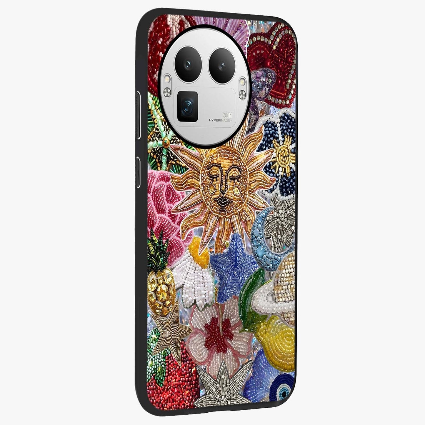 Celestial Floral and Playful Glass Case upright view showcasing whimsical floral artwork with cosmic aesthetic theme.