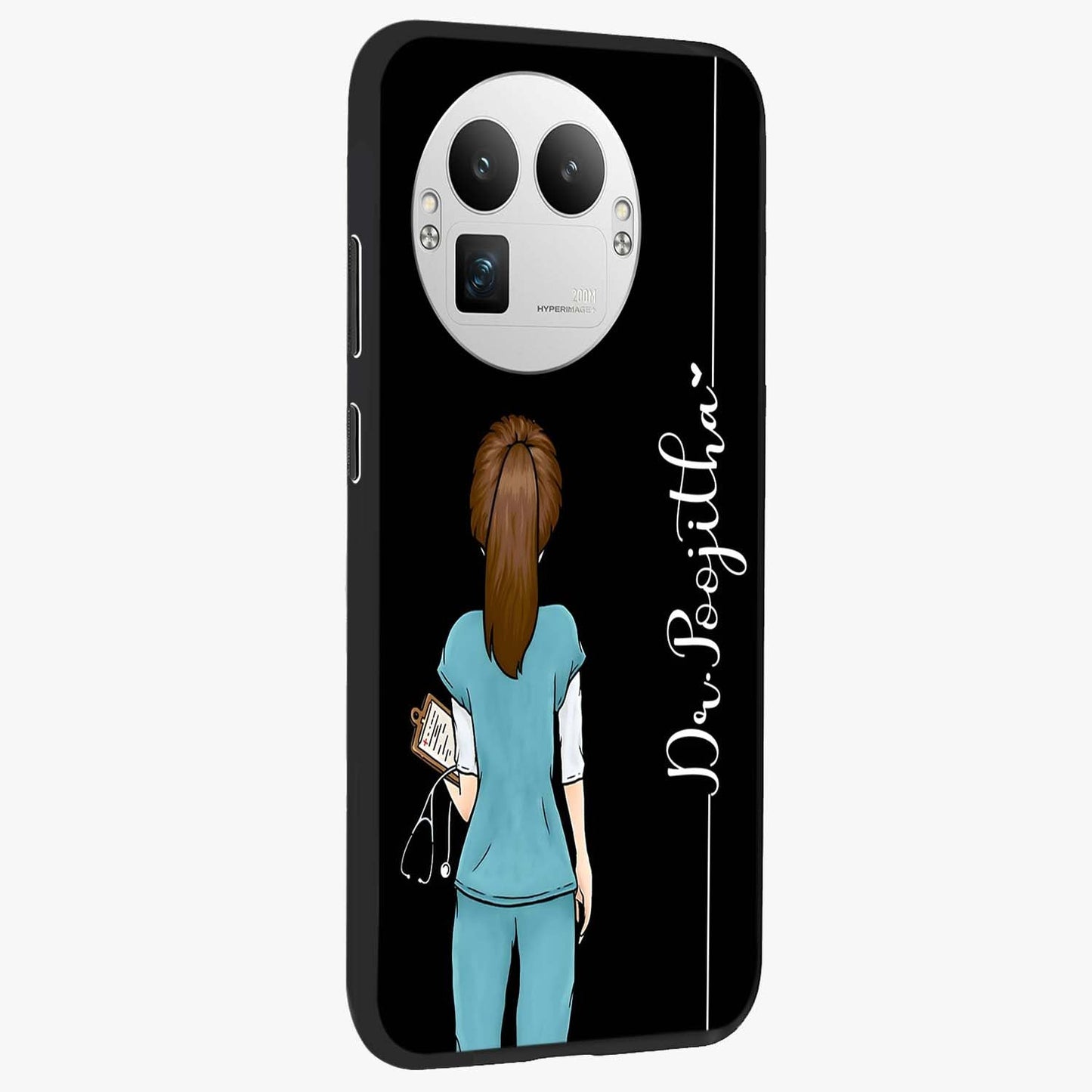 Doctor Pattern Custom Name Glass Case upright view showcasing healthcare themed design with personalized aesthetic.