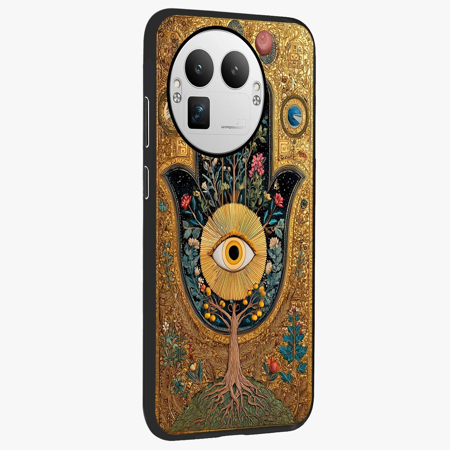 Ethereal Evil Eye Glass Case upright view showcasing celestial evil eye artwork with mystical theme.