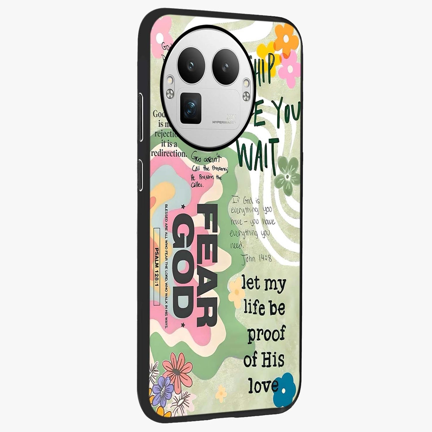 Faith Over Fear Glass Case upright view showcasing bold typography artwork with uplifting motivational theme.