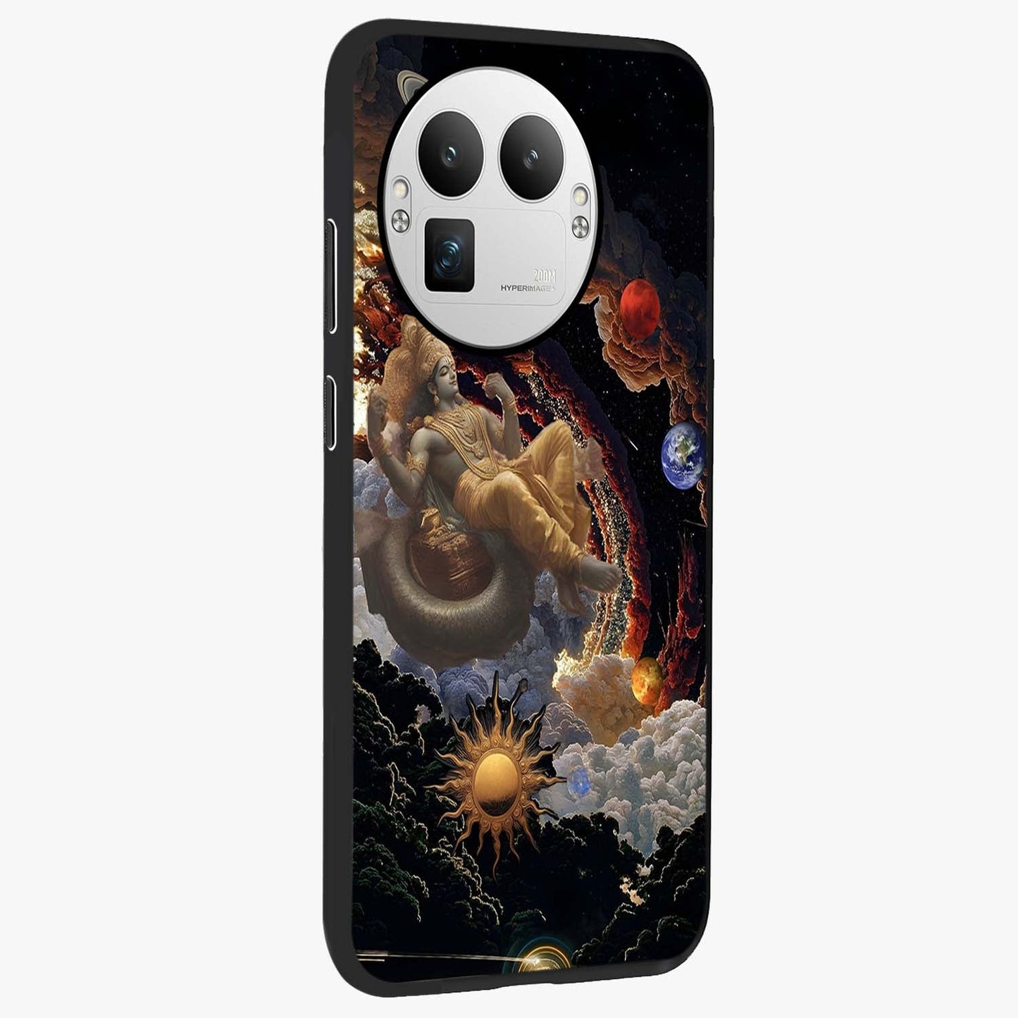 Galactic Divine God Glass Case upright view showcasing mystical divine artwork with dramatic cosmic theme.