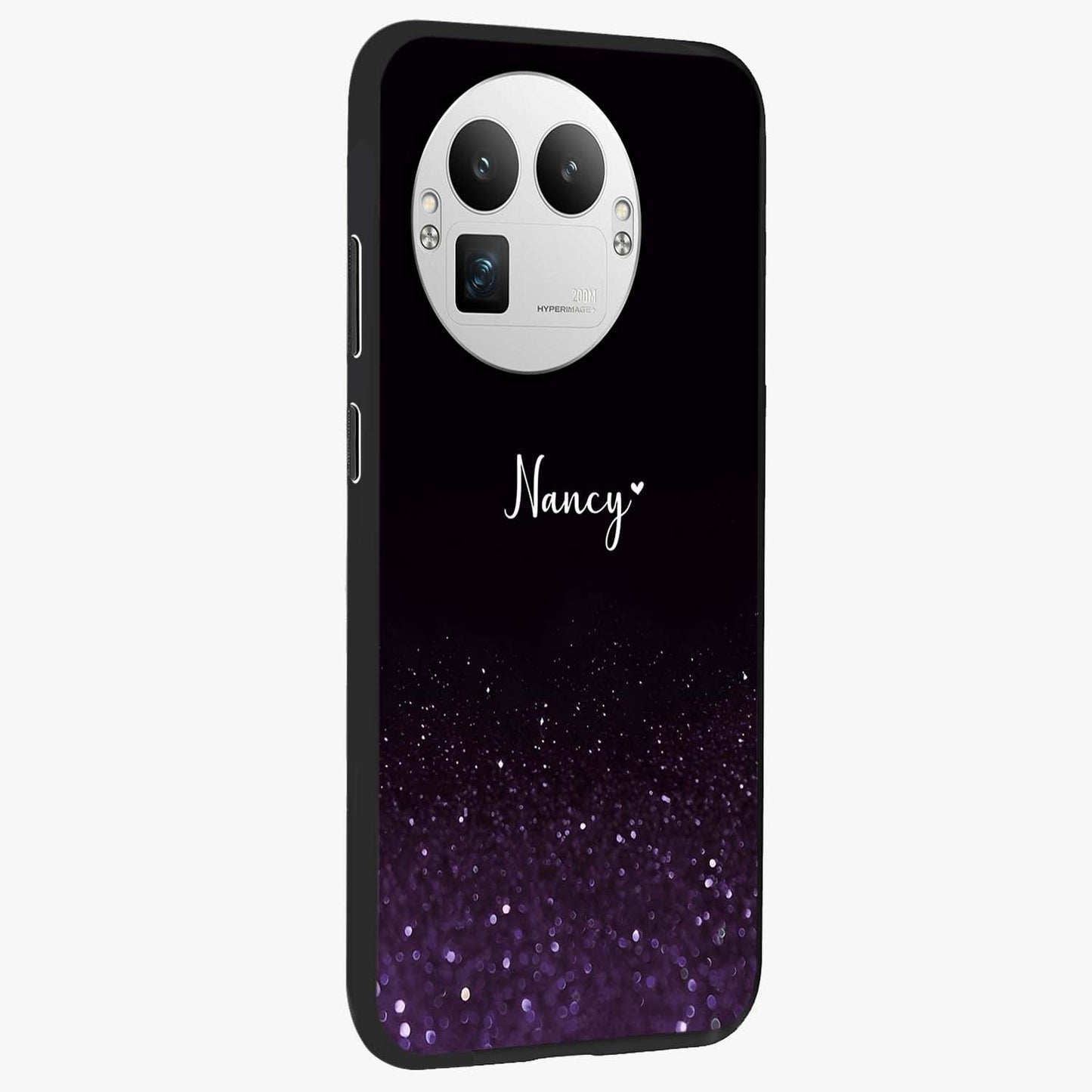 Glittery Purple Bokeh Custom Name Glass Case upright view showcasing vibrant purple sparkle artwork with personalized aesthetic style.