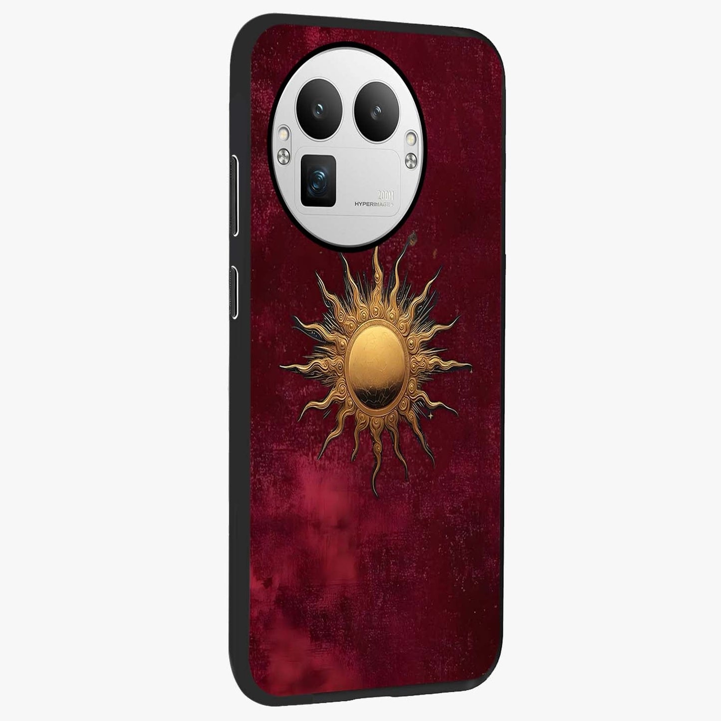 Golden Sun Minimalism Glass Case upright view showcasing simple golden sun artwork with elegant minimalist style.