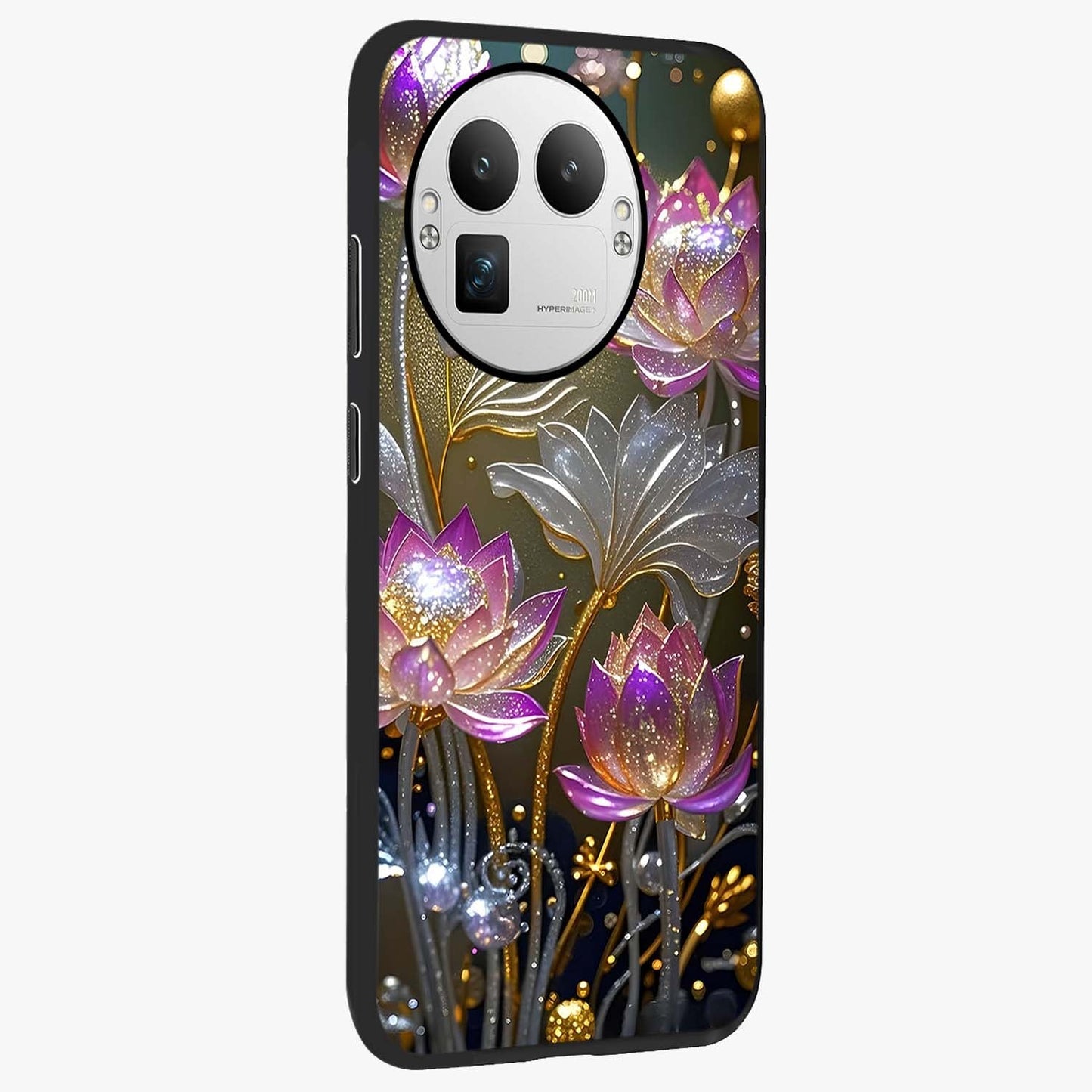 Golden Floral Majesty Glass Case upright view showcasing majestic floral artwork with rich decorative theme.