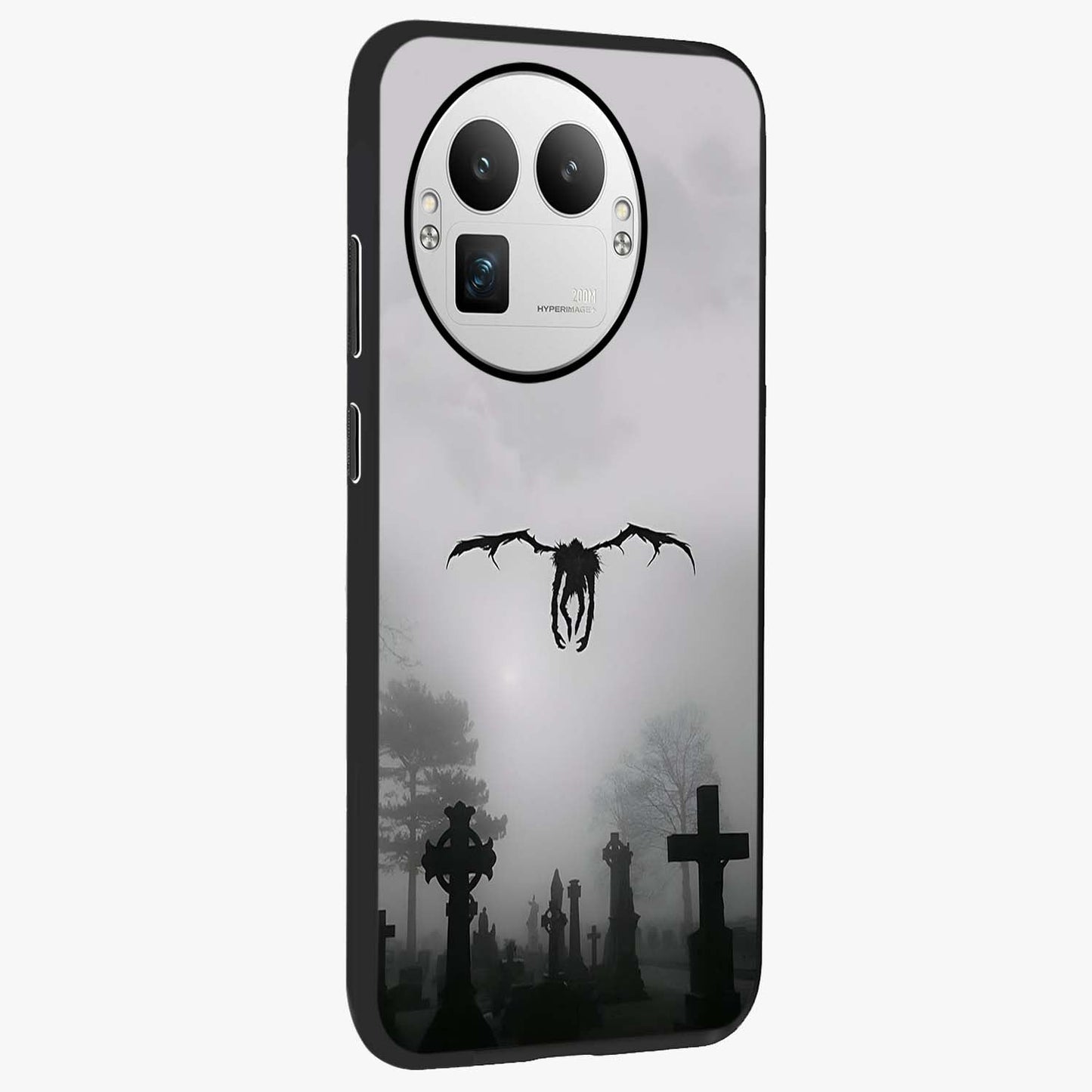 Graveyard Shadow Descent Glass Case upright view showcasing haunting graveyard artwork with dramatic dark theme.