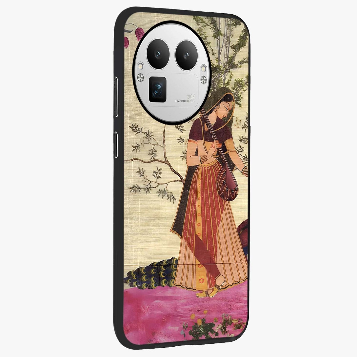 Lady With Veena Art Glass Case upright view showcasing classical veena artwork with traditional artistic theme.