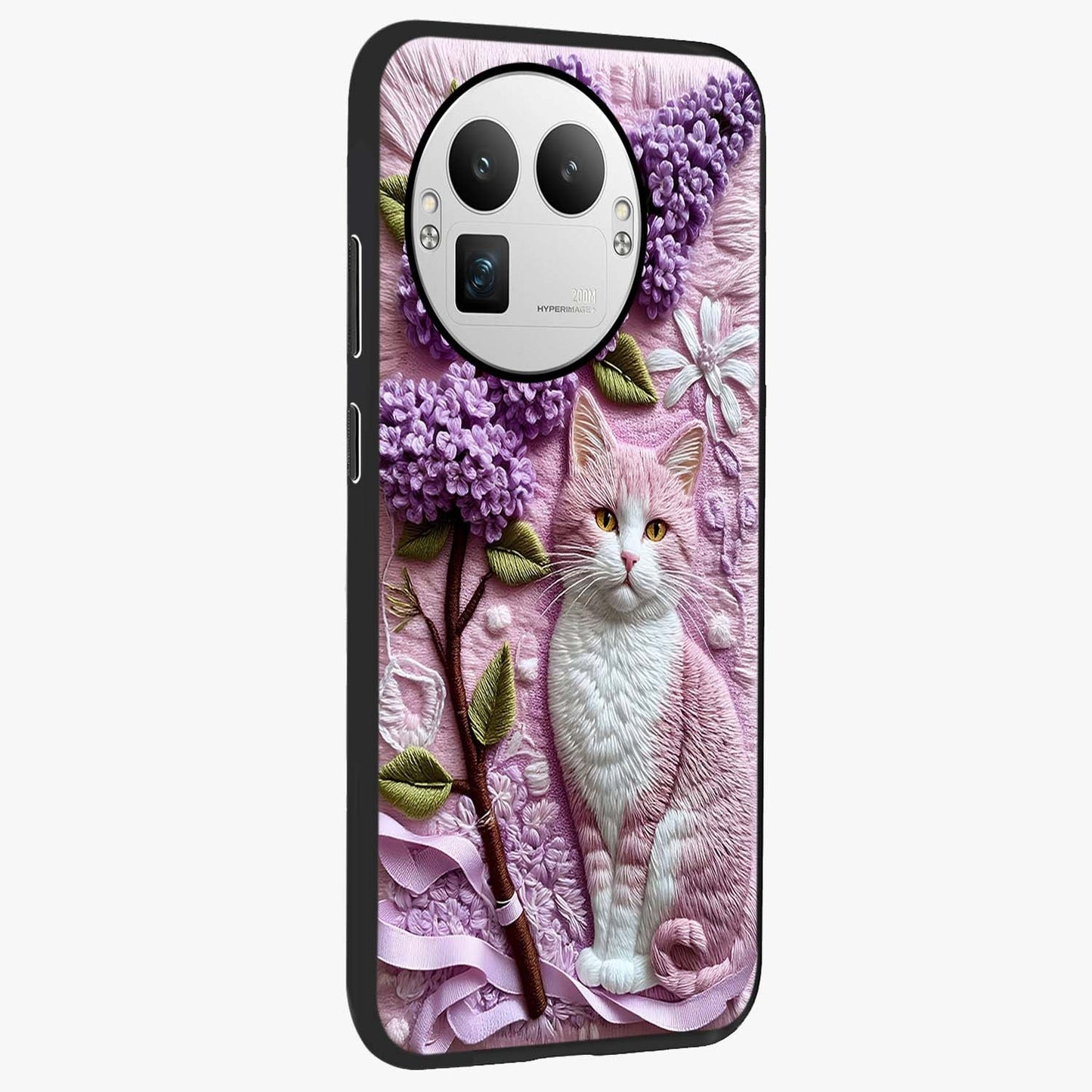 Lavender Cat Whimsy Glass Case upright view showcasing charming cat artwork with whimsical lavender theme.