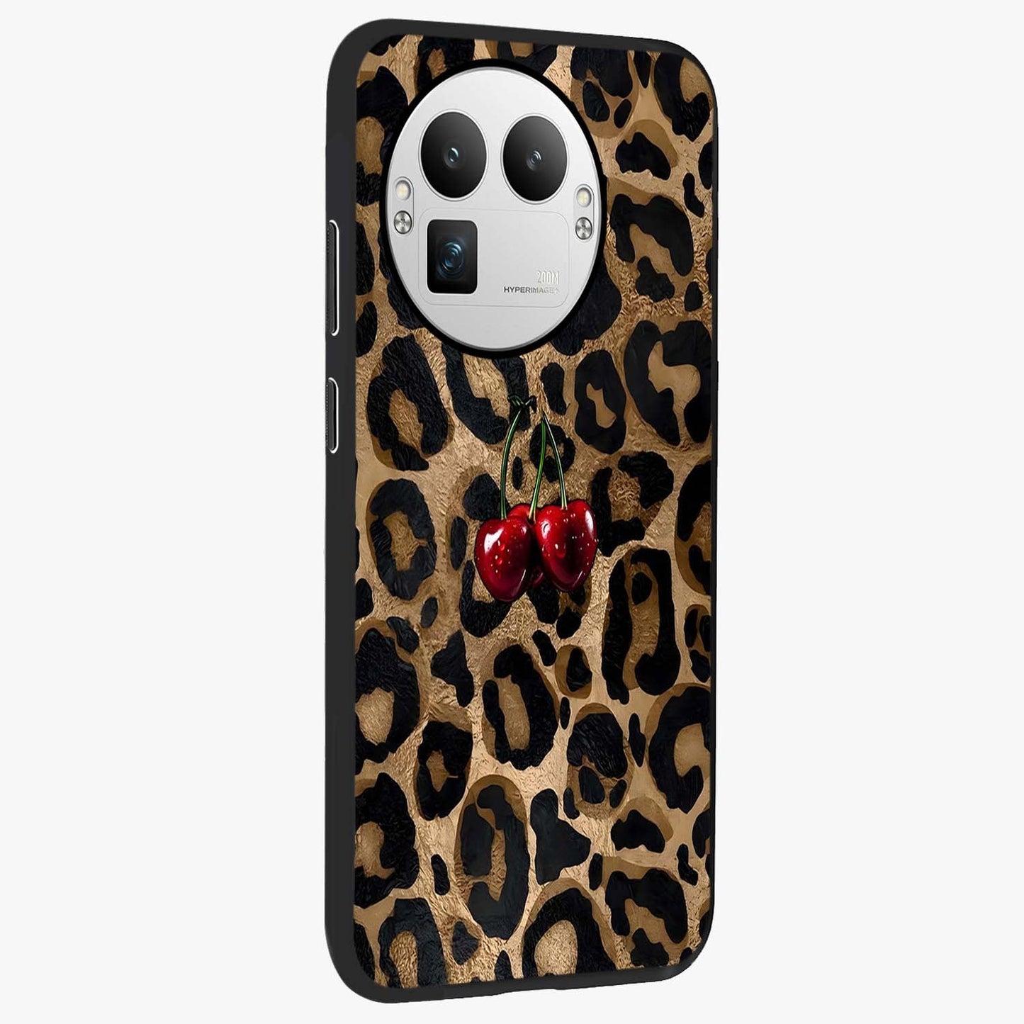 Leopard Wild Cherry Glass Case upright view showcasing stylish leopard pattern artwork with trendy fashion theme.