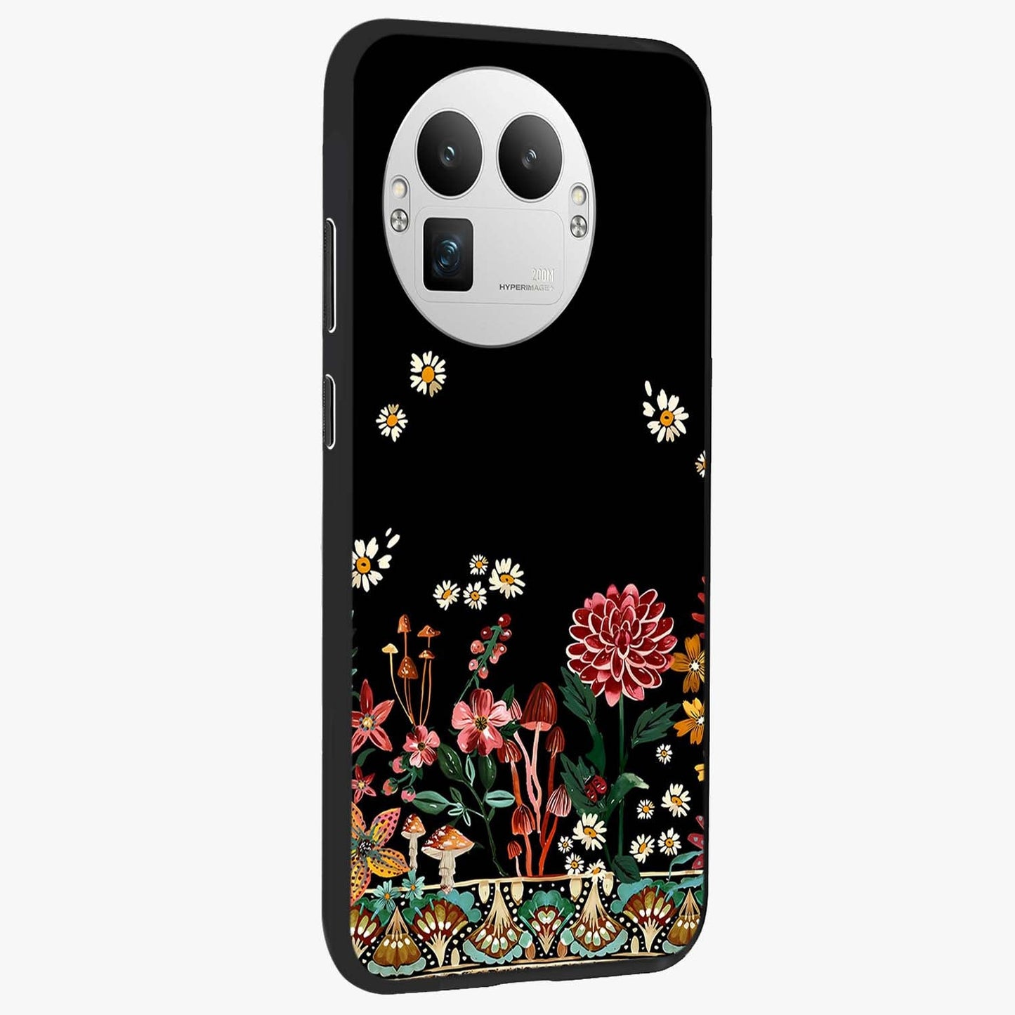 Midnight Bloom Pattern Glass Case upright view showcasing decorative floral artwork with deep night themed palette.
