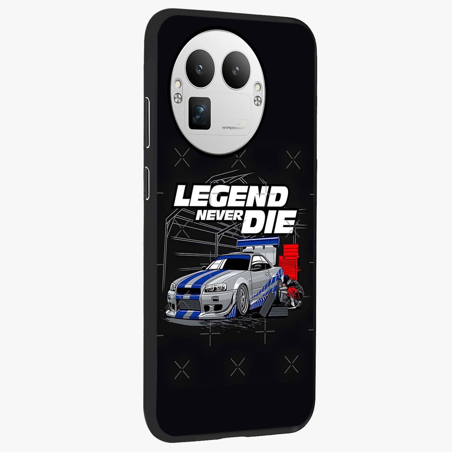 Midnight Racing Legacy Glass Case upright view showcasing powerful racing artwork with modern sports theme.