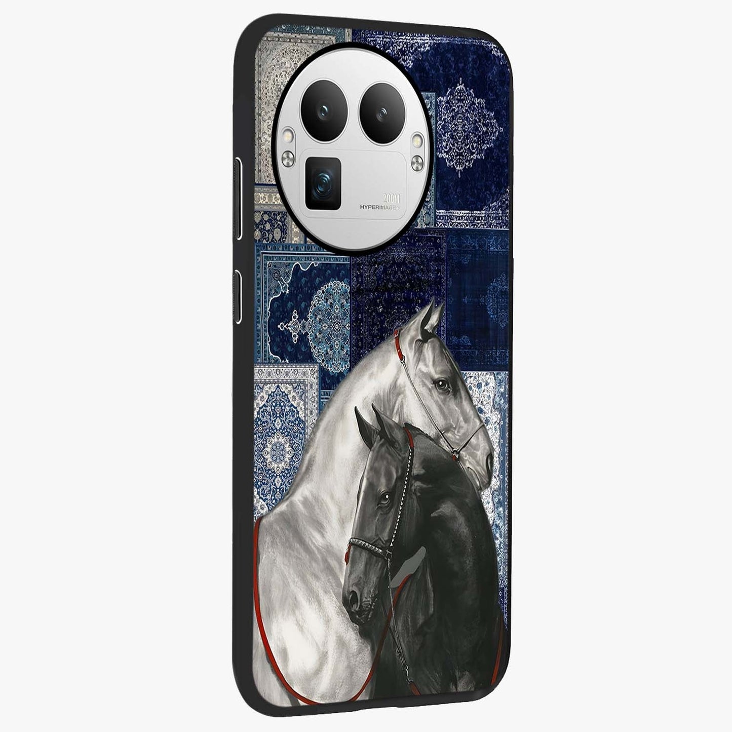 Midnight Stallion Blues Glass Case upright view showcasing dramatic horse artwork with bold artistic theme.