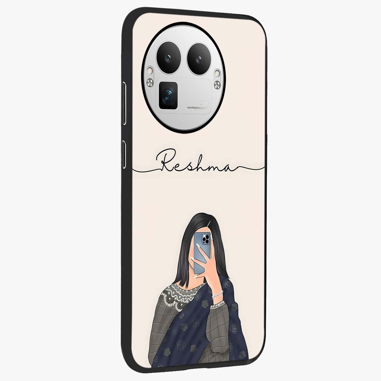Mirror Mood Muse With Custom Name Glass Case upright view showcasing artistic mirror themed artwork with personalized aesthetic.