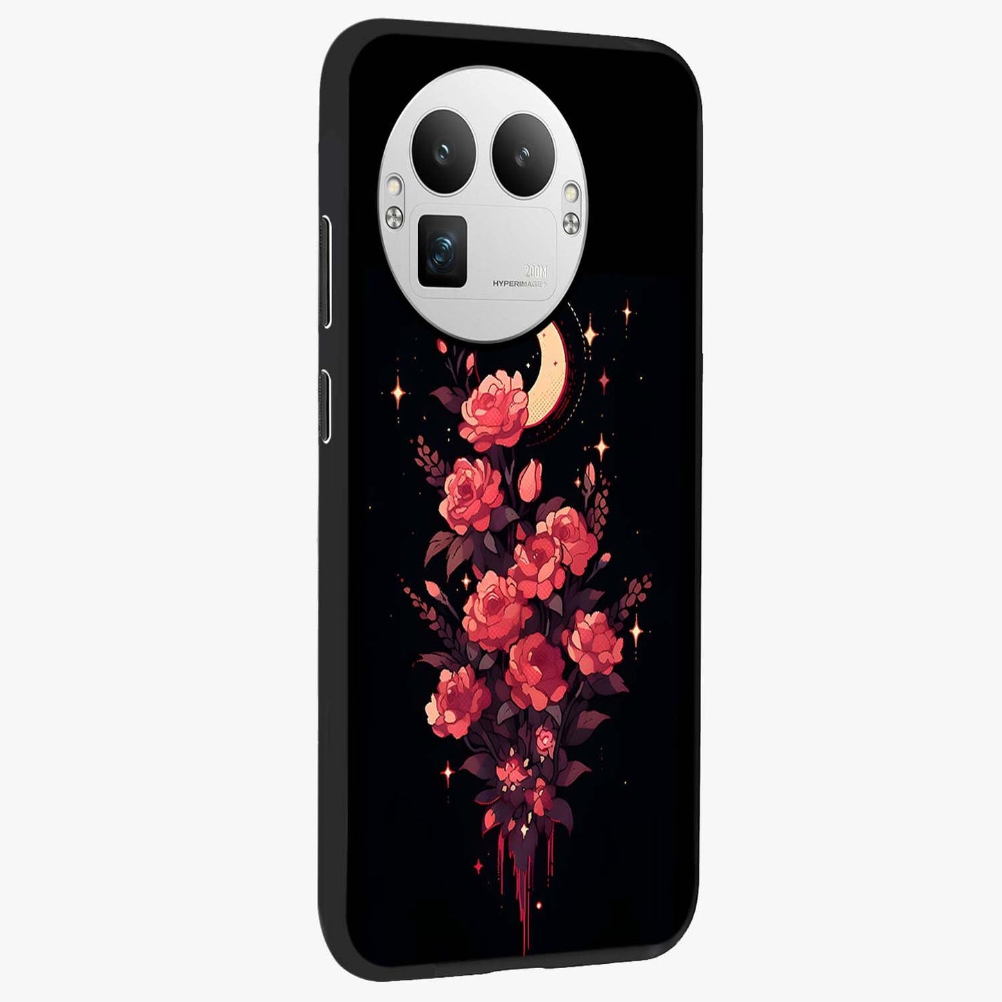 Moonlit Floral Elegance Glass Case upright view showcasing delicate floral artwork with refined night inspired theme.